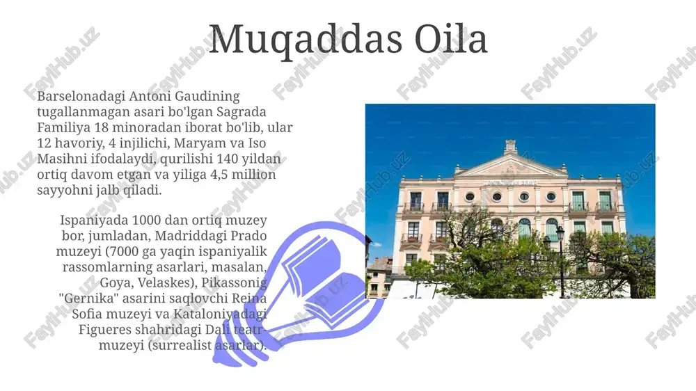 onni egallaydi va murakkab plitkalar, ajoyib bog'lar va mo'g'ullar ta'siriga ega madriddagi reina sofiya muzeyi pikassonun "guernnika"si (1937) asarini o'z ichiga olgan 20-asr ispaniyasi san'atining muhim namunalarini namoyish etadi, turli badiiy yo'nalishlarni qamrab olib, 20000 dan ortiq asarni o'z ichiga oladi sofiya qirolichasi muzeyi ispaniyaning mintaqaviy muzeylari: barselonadagi pikasso muzeyi (4200+ asar); dali teatr-muzeyi (figeres, kataloniya); sürrealist san'at; me'moriy jihatdan noyob; bilbao guggenheim muzeyi (basklar mamlakati); frank geri dizayni; zamonaviy va hozirgi zamon san'ati; 1000 dan ortiq asar; almashinuvchi ko'rgazmalar. reina sofiya muzeysi, madrid, ispaniya: 20-asr asarlari; pikassonig "gernika"si; 20.000 dan ortiq eksponat; nufuzli ispaniyalik rassomlar; arxitektura yodgorligi; yiliga 3 milliondan ortiq tashrif buyuruvchi; doimiy va vaqtinchalik ko'rgazmalar; keng tadqiqot kutubxonasi; ta'lim dasturlari. ispaniya milliy arxeologiya muzeyi ispaniyada 1000 dan ortiq muzey bor; reina sofia muzeyi (madrid), pikasso muzeyi (malaga), prado muzeyi (madrid) – asrlar davomida yaratilgan san'at durdonalari; muhim tarixiy va madaniy kolleksiyalar. viloyat muzeylari turli xil ispaniylar merosini …