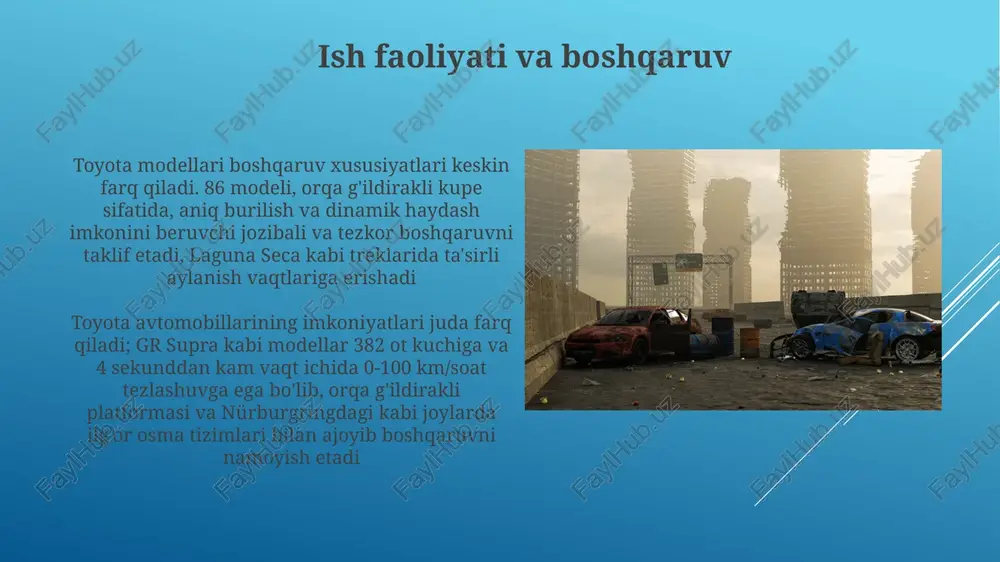 nologiya toyota ning hybrid synergy drive (hsd) tizimi, benzinli dvigatel (masalan, 2 toyota ning rav4 hybrid, corolla hybrid va prius prime (plug-in hybrid) kabi ko'plab hybrid modellari turli quvvat tizimlari (masalan, 2.0l yoki 2.5l dvigatellar elektr motorlari bilan) bilan toyota ning hybrid texnologiyasidan foydalanadi ishonchlilik va chidamlilik toyota kompaniýasining jahon miqyosidagi mavjudligi (28 mamlakatda zavodlari bor) hatto uzoq hududlarda ham texnik xizmat va ta'mirlash uchun ehtiyot qismlar ta'minotining uzluksizligini ta'minlaydi. bu keng tarmoq uzoq muddatli avtomobil qo'llab-quvvatlashni, shuningdek, sertifikatlangan ishlatilgan avtomobillarni taklif qiluvchi global dilerlar tarmog'ini kafolatlaydi kelajakdagi yangiliklar va elektr transport vositalari model qatori bo'yicha umumiy ma'lumot narxlar modellari va komplektatsiyalariga qarab sezilarli darajada farq qiladi; yaris taxminan 18 000 dollardan boshlanadi, lexus lx (hashamatli toyota) esa 100 000 dollardan oshadi ichki konfort va texnologiyalar toyota safety sense™ 2.5+ (tss 2 e'tiboringiz uchun rahmat @taqdimot_robot image1.jpg image2.jpg image3.jpg image4.jpg image5.jpg image6.jpg image7.jpg image8.jpg image9.jpg image10.jpg image11.jpg image12.jpg image13.jpg image14.jpg …