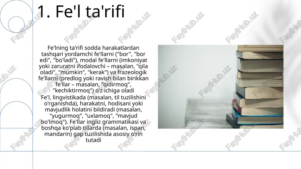 an, yurdi, tokyoda yurgan). nooddiy fe'llar esa bashorat qilinmaydigan o'zgarishlarni ko'rsatadi (masalan, ketdi, sidneyda ketgan) zamon (o'tgan, hozirgi, kelasi) vaqtni bildiradi. o'tgan orttirilgan (yedi), hozirgi orttirilgan (yedi), kelasi orttirilgan (yeb qo'yadi) boshqa vaqtlarga bog'liq tugallangan harakatlarni ko'rsatadi. orttirilgan davomiy zamonlar (masalan, berlinda yugurib yurgan edi) davom etayotgan tugallangan harakatlarni ifodalaydi 10. bog'lovchi fe'llar bog'lovchi fe'llar (masalan, is, are, was, were, seems, appears) mavzuga mavzu to'ldiruvchini (ot, olmosh, sifat) bog'laydi va borliq holatini tasvirlaydi. misollar: gul chiroyli; sportchi 2023-yilda london olimpiadasida chempion bo'ldi; u nyu-yorkdagi tartibsizlikka qaramay xotirjam qoldi. fe'llar harakat yoki holatni ifodalaydi. o'tish fe'llari (masalan, otdi, urdi, berdi) to'g'ridan-to'g'ri to'ldiruvchini talab qiladi. misol: u to'pni 2024-yilgi jahon seriyasi o'yinida maydon bo'ylab 50 metrga otdi. o'tishmas fe'llar (masalan, uxladi, yugurdi, kuldi) talab qilmaydi 11.yordamchi fe'llar fe'llar gapning asosiy qismi bo'lib, harakat (yugurmoq, sakramoq, o'ylamoq), holat (bo'lmoq, ko'rinmoq, aylanmoq) yoki voqea (sodir bo'lmoq)ni bildiradi. ingliz fe'llari shaxs (men, sen, u, biz, …