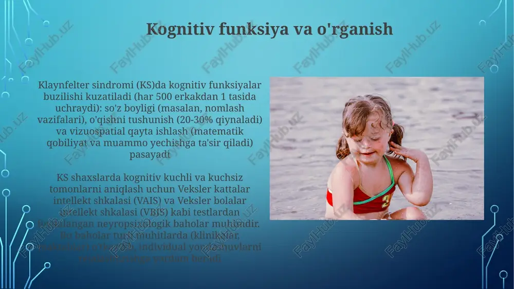 un kasalliklar kabi ba'zi tibbiy holatlar xavfi yuqori bo'ladi ks tashxisi karyotiping tekshiruvi orqali qo'shimcha x xromosomasini aniqlashni o'z ichiga oladi. davolash simptomlarni yengillashtirishga qaratilgan; trt ikkilamchi jinsiy belgilarni yaxshilaydi, ginekomastiyani kamaytiradi. o'qish qobiliyatida nuqsoni borlar uchun kognitiv yordam foydali bo'lishi mumkin, psixologik yordam hissiy muammolarni hal qiladi jismoniy xususiyatlar klaynfelter sindromi (ks) – jinsiy xromosomalar aneuplodiyasi, ~75% hollarda 47,xxy kariotip bilan namoyon boʻladi; boshqa variantlarga 48,xxx, 48,xxyy va mozaik shakllar (46,xy/47,xxy) kiradi. kasallangan erkaklarda gippogonadizm kuzatiladi, bu esa testosteronning kamayishi va bepushtlikka olib keladi ks li bo'lgan shaxslarda alomatlar turlicha namoyon bo'ladi; og'irligi har xil tibbiy boshqaruv klaynfelter sindromi (ks), 47,xxy kariotip bilan tavsiflanadi, global miqyosda 500-1000 erkakdan 1tasini qamrab oladi. davolash balog'atga yetish davrida boshlanadigan testosteronni almashtirish terapiyasi (tat)ni, ko'pincha ginekomastiyani boshqarish uchun gnrh agonistlarini o'z ichiga oladi psixologik yordam juda muhim. o'qishdagi qiyinchiliklar, tana qiyofasiga bog'liq hissiy muammolar va ijtimoiy kamsitlishlarni bartaraf etish maxsus terapevtik aralashuvlarni talab …