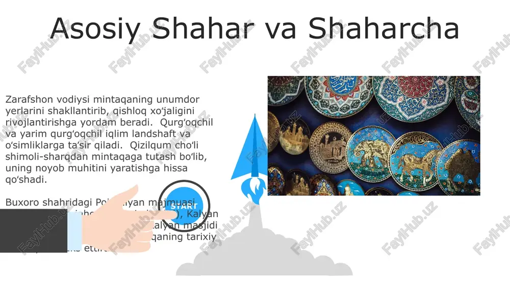 srlar), samoniy maqbarasi (ix asr) va chor minor madrasasi (xviii asr) kabi 1400 dan ortiq tarixiy yodgorliklarga boy. oshxona va gastronomiya buxoro viloyati oshxonasida 20 dan ortiq guruch turi bilan tayyorlanadigan palov (masalan, osh palov), qo'y go'shti, sabzi va zarafshon vodiysi ziravorlari ishlatiladi o'zbek taomlari boy mintaqaviy an'analarga ega, buxoro esa amudaryo yaqinligidan tufayli fors va markaziy osiyo taomlari ta'siriga uchragan o'ziga xos ta'mga ega 06 05 04 san'at va hunarmandchilik 01 02 buxoro viloyatining jahon miqyosida mashhur hunarmandchiligi xvi asr kashtalari, (g'izrabadda yiliga 20 000 dan ortiq buyum ishlab chiqariladigan) ipak to'qish va (vabkent tumanida qadimgi usullar bilan) kulolchilikni o'z ichiga oladi. an'anaviy buxoro gilamlari, bir nechta qishloqlarda tugunlangan, noyob geometrik naqshlarga ega bo'lib, bir kvadrat dyuymga 100 dan ortiq tugun ishlatilib, mahalliy o'simliklardan tabiiy bo'yoqlar qo'llanilgan. 19-asrda yevropa va rossiyaga yillik eksport 30 000 donaga yetgan. tarixiy ma'lumot buxoro viloyati, o'zbekiston, mil. avv. i ming yillikka oid arxeologik …