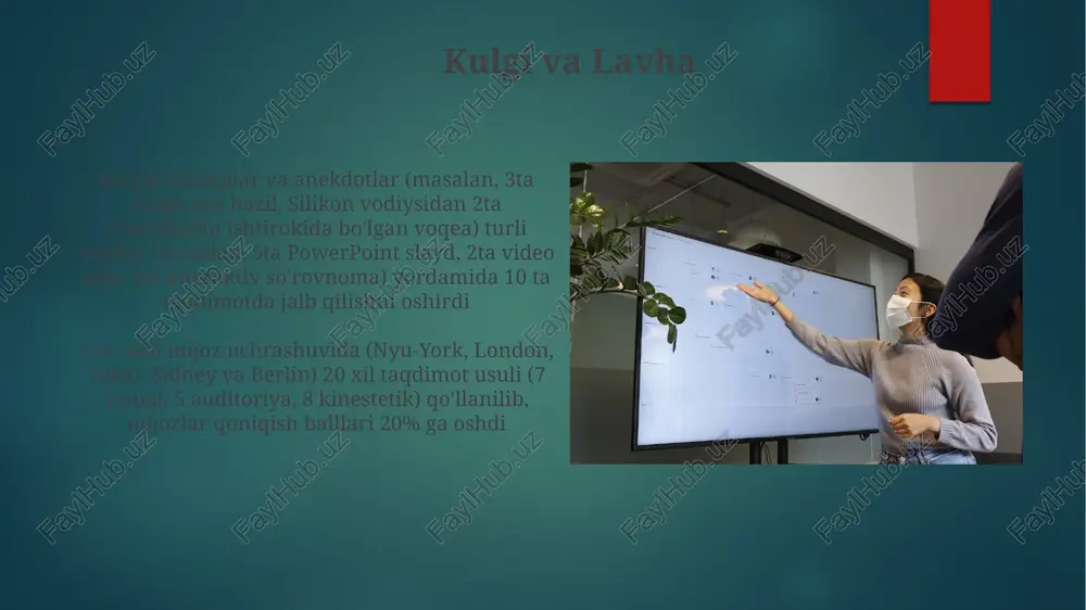 a munozaralar) qo'llanilgan 20 ta turli xil taqdimot uslubi. 4 ta turli raundda 3 ta asosiy tushuncha (liderlik, kommunikatsiya, muammo yechish)ni tushunishni tekshiruvchi 15 ta savol fikr tajribasi ucla va mit talabalaridan 50 nafar bakalavrga mars koloniyasini simulyatsiya qilish bo'yicha 20 xil taqdimot uslubi (masalan, hikoya qilish, ma'lumotlarni vizualizatsiya qilish, 3d modellashtirish, virtual reallik) yordamida o'tkazilgan tajriba e'tiboringiz uchun rahmat @taqdimot_robot image6.jpg image7.jpg image8.jpg image9.jpg image10.jpg image11.jpg image12.jpg image13.jpg image14.jpg image15.jpg image16.jpg image17.jpg image18.jpg image19.jpg image20.jpg image21.jpg image22.jpg image2.png image3.png image4.png image5.png