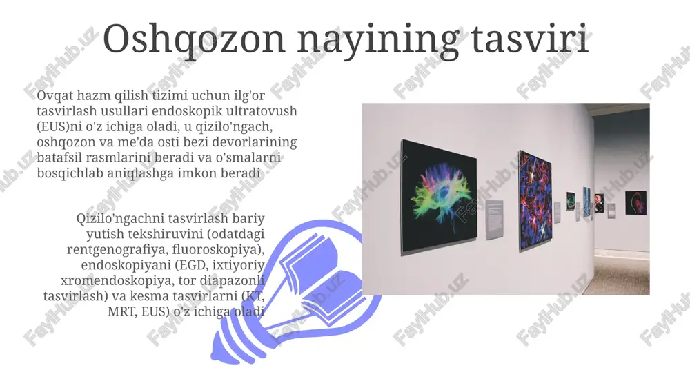 sini baholash, ma'lum patologiyaning kuzatuvi (masalan, operatsiyadan keyingi anastomoz oqishi, takrorlanuvchi kasallik), operatsiyadan oldingi baholash (saraton bosqichini aniqlash). bariy tekshiruvi (yuqori gi & be) kt enterografiya, mr enterografiya va kapsula endoskopiyasi invaziv bo'lmagan alternativlarni taklif etadi. kt/mr og'iz/tomir ichiga kontrast moddalarni qo'llaydi; kapsula endoskopiyasi ingichka ichakni (och ichak, yon ichak) ko'rsatadi bariy klizmasi (bk) yo'g'on ichakni tasvirlash uchun rektal bariy yuborishni o'z ichiga oladi; poliplar (masalan, sigmoid ichakda 5 mm o'tirgan polip), divertikula, kolit, o'smalarni (masalan, 4 sm sekal massasi) aniqlaydi kapsula endoskopiyasi ichki kapsula endoskopiyasi (ike) – bemor tomonidan taqiladigan qabul qilgichga simsiz 50 000 ga yaqin rasm uzatuvchi, 26 mm uzunlikdagi va 11 mm kenglikdagi yutiladigan kamera ovqat hazm qilish tizimi (oht) tasvirlari ke, an'anaviy endoskopiya (kolonoskopiya, ezofagogastroduodenoskopiya), bariy tekshiruvlari (yuqori oht seriya, ingichka ichakni kuzatish, bariy klizmasi) va kesma tasvirlar (kt enterografiya, mr enterografiya) kabi turli usullarni o'z ichiga oladi endoskopiya (egd va kolonoskopiya) ezofagogastroduodenoskopiya (egd) qizilo'ngach, …