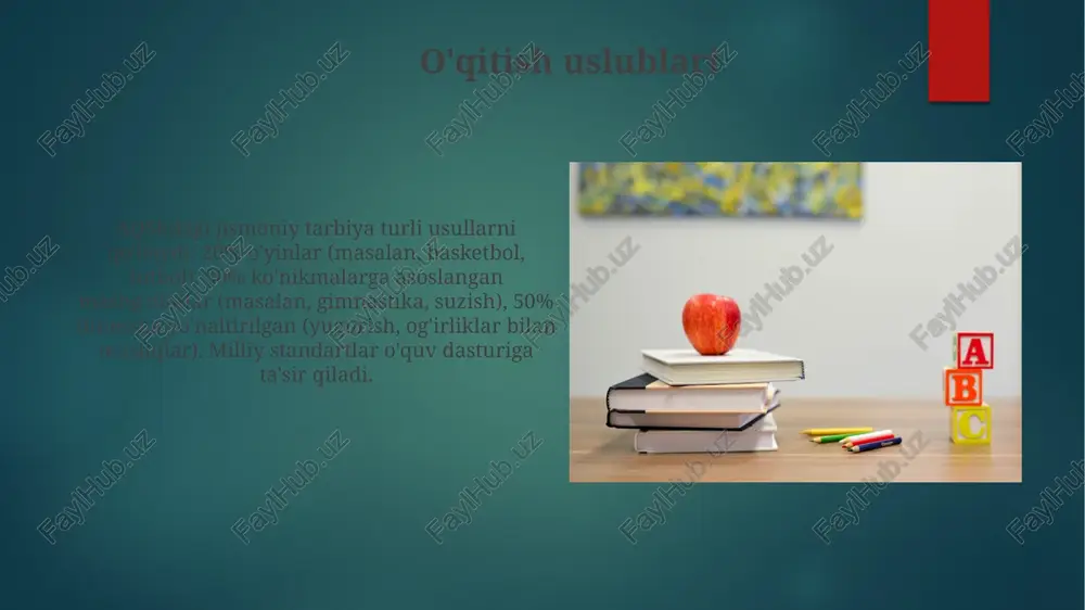 forniya shtat standartlari, milliy jismoniy tayyorgarlik baholari, 3 ta sport zali, 2 ta maydon ishlatiladi), gimnastika, suzish (25 metrli basseyn) va raqs kabi turli xil mashg'ulotlarni o'z ichiga oladi. o'quv rejasi tuzilmasi jismoniy tarbiya dasturlari turli uslublarda (masalan, vazifa yo'naltirilgan, o'yin markazli, hamkorlikda o'rganish) maxsus joylarda (masalan, olimpiya o'lchamidagi basseynlar, ko'p maqsadli sport zallari) o'tkaziladi e'tiboringiz uchun rahmat @taqdimot_robot image6.jpg image7.jpg image8.jpg image9.jpg image10.jpg image11.jpg image12.jpg image13.jpg image14.jpg image15.jpg image16.jpg image17.jpg image2.png image3.png image4.png image5.png