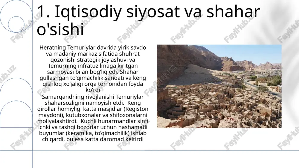 marqanddagi bibi-xonim masjidi kabi diniy maktablar) va maqbaralarni (samarqanddagi gur-e-amir) asosiy element sifatida belgilab, samarqand, hirot va buxoro shaharlarining rejalashtirilishini shakllantirdi 8. arxitektura yangiliklari va homiylik herat (afganiston) temuriylar hukmronligi davrida ham gullab-yashnadi, sanʼat va meʼmorchilik markaziga aylandi. homiylik infratuzilma, sug'orish tizimlari va mustahkamlash ishlariga ham qaratildi, shahar funksiyasi va mudofaasini yaxshilashga xizmat qildi. yirik inshootlar temuriylar kuchini va madaniy sintezini aks ettirdi. temur davrida samarqand shahri tez rivojlanib, tartibli shaharsozlik, ulugh beg madrasasi kabi madrasalar va masjidlar qurilgan. g'isht, sirlangan koshin va ayvonlardan keng foydalanilgan. qirollik ustaxonalari va mohir hunarmandlar muhim rol o'ynagan. 9. mudofaa va istehkomlar 14-15-asrlar timuridlar shaharsozligida mudofaa arxitekturasi ustuvor edi; samarqand, hirot va boshqa yirik shaharlarda ulkan qal'alar qurilgan, 15 metrgacha baland devorlar, chuqur xandaklar va strategik joylashtirilgan minoralar (masalan, registonning ta'sirli inshootlari) bunyod etilgan shaharlarning strategik joylashuvi, ko'pincha daryolar yoki savdo yo'llari yaqinida, ularning mudofaa qobiliyatiga hissa qo'shdi 10. temurning fathi va shaharsozlik strategiyasi …