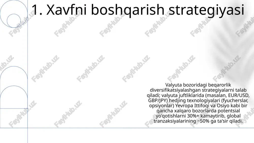 rentabelligi) swap stavklarini belgilaydi forex spredlari valyuta juftliklarining sotib olish va sotish narxlari orasidagi farqni, foydani ta'sir qiladi. asosiy valyuta juftliklari (eur/usd, usd/jpy, gbp/usd) ekzotik juftliklarga (usd/try, usd/zar) qaraganda tor spredlarga ega. london, nyu-york va tokiodagi yuqori savdo hajmi spredlarning o'zgarishiga ta'sir qiladi korporatsiyalar uchun valyuta kursi riskini kamaytirish maqsadida valyuta svaplari ikki xil valyutada asosiy miqdorlarning bir vaqtda almashinuvini, muddat tugashida oldindan belgilangan kurslarni o'z ichiga oladi. mamlakatlar o'rtasidagi foiz stavkalari farqi (masalan, libor va euribor) svap narxiga sezilarli ta'sir qiladi 8. spreadlar va swaplar tushuntirilgan forex indikatorlari (rsi, macd, stoxastik) nyse va london fond birjalari kabi xalqaro bozorlarda savdo qilinadigan valyuta juftliklarida (eur/usd, gbp/jpy, usd/chf) sotib olish/sotish imkoniyatlarini ko'rsatadi va global iqtisodiyotga ta'sir qiladi texnik tahlil valyuta juftliklaridagi kelajakdagi narx harakatlarini bashorat qilish uchun forex indikatorlari va sham grafiklarida (1 soatlik, 4 soatlik, kunlik) aniqlangan grafik naqshlarni birlashtiradi, bu esa butun dunyo bo'ylab millionlab bitimlarga ta'sir qiladi. 9. …