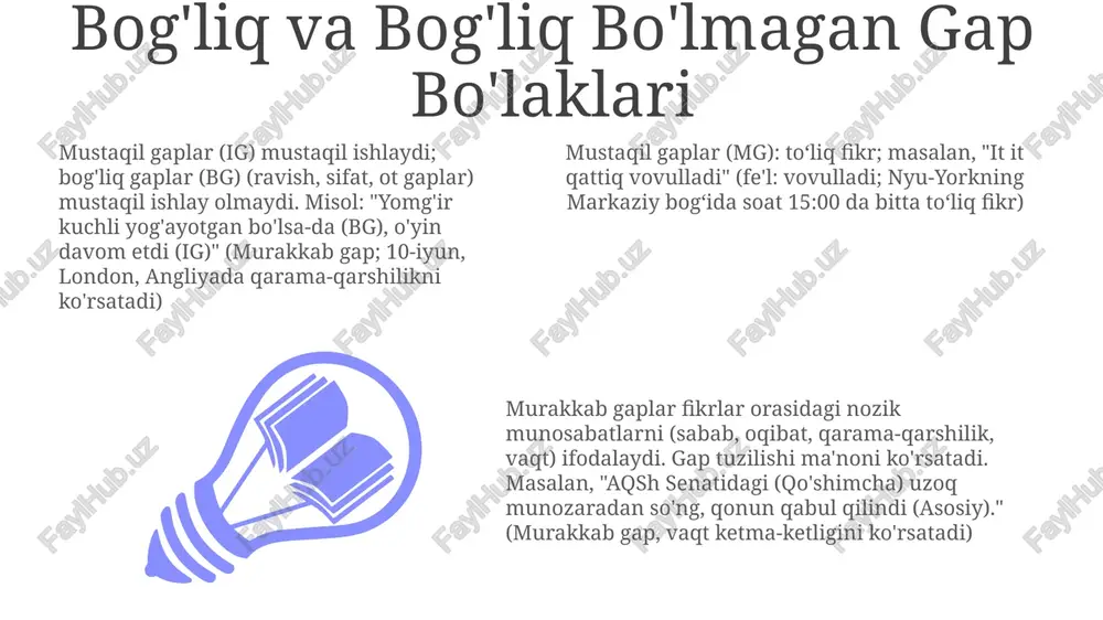 ravish gaplarni aniqlashtiradi; vaqt, joy, sabab, maqsad, shart, qarama-qarshilik va hokazolarni ko'rsatadi; bo'ysunduruvchi bog'lovchilar (chunki, beri, garchi, agar, qachon, qayerda, keyin, oldin) orqali kiritiladi; misollar: yomg'ir yog'ayotganligi sababli o'yin bekor qilindi otliq gaplar: ot vazifasida (fe'lning egasi, to`ldiruvchisi, to`ldiruvchi); "ki", "mi", "nima", "kim", "kimki", "kimni", "kimniki" kabi so`zlar bilan boshlanadi; misollari: yerning yumaloqligi fakt. men siz nimani nazarda tutganingizni bilaman. u kim javobgarligini so`radi. e'tiboringiz uchun rahmat @taqdimot_robot image1.jpeg image2.jpeg image3.jpeg