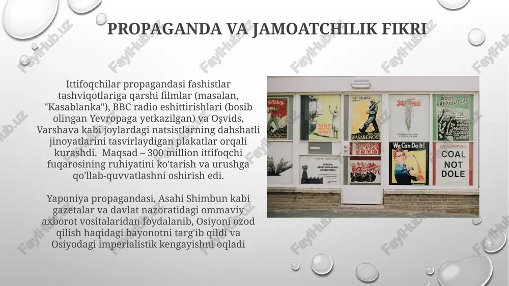 ahshiyliklarning fosh etilishi urushdan keyingi genotsidlarning oldini olish bo'yicha harakatlarni mustahkamladi urushdan keyingi konferensiyalar va shartnomalar versal shartnomasi (1919): birinchi jahon urushidan keyin germaniyaga qo'yilgan qattiq shartlar nafratni kuchaytirdi va natsizmning ko'tarilishiga hissa qo'shdi, shartnomalar o'n yillar o'tgach ham xalqaro munosabatlarga, hatto ikkinchi jahon urushiga ta'sir qilishi mumkinligini ko'rsatdi potsdam konferensiyasi (1945 yil iyul-avgust), germaniyaning toʻrt okkupatsiya zonasiga boʻlinishi (aqsh, buyuk britaniya, fransiya, sssr), birlashgan millatlar tashkilotining tashkil etilishi, nurnbergda urush jinoyatchilarining sud jarayoni va polsha kelajagi haqidagi qarorlar urushdan keyingi yevropa munosabatlariga sezilarli taʼsir koʻrsatdi sovuq urushning kelib chiqishi sharqiy front 1941-yil 22-iyun germaniya va ittifoqdoshlari (finlyandiya, ruminiya, vengriya, italiya) sovet ittifoqiga bostirib kirdi ("barbarossa" operatsiyasi). 3 million askardan iborat qo'shin baltiyk dengizidan qora dengizgacha bo'lgan 2900 km frontda moskva, leningrad (sankt-peterburg) va kavkaz neft konlarini egallab olish maqsadida hujum qildi ikkinchi jahon urushining sharqiy fronti 27-40 million (harbiy va tinch aholini) qurbonlari bilan eng qonli maydon bo'ldi, unda …