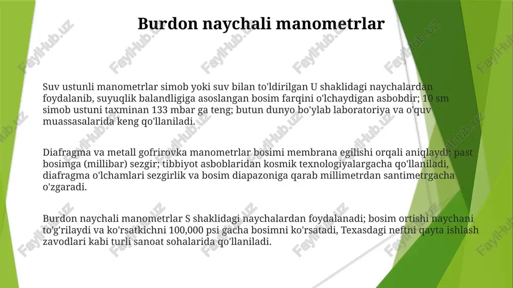 al manometrlar deformatsion manometrlar (masalan, burdon naychasi, diafragma, mex) bosimga proportsional elastik element deformatsiyasidan foydalanadi; o'lchash diapazoni past (mbar) dan yuqori (kbar) bosimgacha keng; xyueston, texasdagi neftni qayta ishlash zavodlari, kimyoviy korxonalar, elektr energiyasi ishlab chiqarish obyektlarida keng qo'llaniladi. differentsial manometrlar u-simon yoki qiyshiq naychalardagi suyuqlik ustunlaridan (masalan, simob, suv) foydalanadilar; bosim farqi suyuqlikni siljitadi, mm yoki dyuymda o'lchanadi; qo'llanilishi: hvac (1-1000 pa), jarayonni boshqarish (0,1-1000 kpa). bosimni suyuqlik ustuni balandligi (h) orqali o'lchash gidrostatik tenglama orqali amalga oshiriladi: p = ρgh, bu yerda ρ – suyuqlik zichligi (kg/m³), g – tortish kuchi (9 xulosa va kelajakdagi tendentsiyalar kelajakdagi tendentsiyalar: miniatyurlashtirilgan, kam quvvatli, aqlli bosim sensorlari (masalan, mems asosida), avtomatlashtirilgan ma'lumot yig'ish va tahlil qilish uchun mikrokontrollerlar bilan integratsiyalashgan; masofadan kuzatish tizimlariga simsiz uzatish muhim ahamiyatga ega bosimni o'lchash usullari: suyuqlik ustunli manometrlar paskal qonunidan foydalanadi; balandlik farqi (h) bosim farqi bilan to'g'ridan-to'g'ri proportsional (δp = ρgh). aniqlik suyuqlik tanloviga …