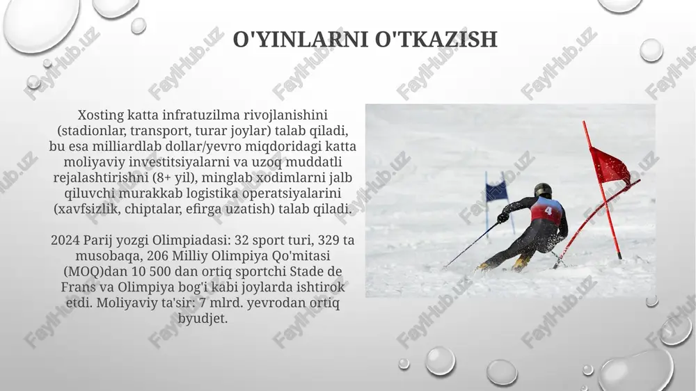 t; chang'i va konkida uchish ustunlik qildi; dastlabki rivojlanish, cheklangan efirga uzatilishi. 1998 nagano: osiyodagi 1-qishki olimpiada, 2176 sportchi, 72 davlat; snoubordingning debyuti, global ishtirokning o'sishi, keng miqyosli media yoritish. olimpiada harakati 1924-yilda fransiyaning shamoni shahrida ilk bor o'tkazilgan qishki olimpiada o'yinlari tog' chang'isi, biatlon, badiiy konkida uchish va xokkey kabi qor va muz talab qiladigan sport turlarini namoyish etadi, maydonlari tog'lardan muz arenalarigacha cho'zilgan olimpiya merosi va ta'siri sportchilar va ularning safarlari usain bolt (yamayka), 8 ta olimpiya oltin medali – 3 ta ketma-ket yozgi olimpiadada (2008 pekin, 2012 london, 2016 rio) 100m va 200m sprintda ustunlik; jahon rekordchisi; jahon yulduzi; sportdan tashqari tezlik, sport mahorati va ta'sirini ifodalaydi; yamaykaning trelawni paroxodi. e'tiboringiz uchun rahmat @taqdimot_robot image3.png image4.jpg image5.jpg image6.jpg image7.jpg image8.jpg image9.jpg image10.jpg image11.jpg image12.jpg image13.jpg image14.jpg image15.jpg image1.png