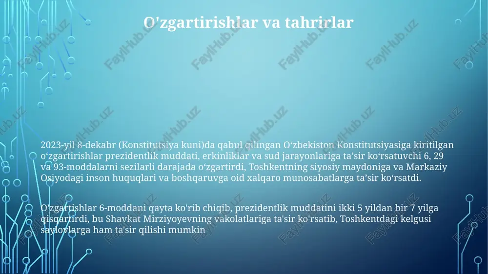 tsiya qabul qilingan kun sovetdan keyingi o'zbekiston uchun muhim voqea bo'ldi. konstitutsiya loyihasini ishlab chiqishda yangi mustaqil davlat ichidagi raqobatbardosh siyosiy mafkuralar va mintaqaviy manfaatlarni muvozanatlashtirish bo'yicha keng muhokamalar o'tkazildi o'zbekiston 1991-yil 31-avgustda sovet ittifoqidan mustaqilligini e'lon qilib, yangi konstitutsiyaga ehtiyoj tug'dirdi. 1992-yilgi konstitutsiya, keyinchalik bir necha bor o'zgartirilgan, prezidentlik respublikasini o'rnatdi. asosiy moddalar inson huquqlari, davlat ramzlari va davlat tuzilishini belgilab berdi. ijro hokimiyati prezidentning bosh vazir, vazirlar va hokimlarni tayinlash huquqi 2023-yilgi yaimning 5,5% oʻsish maqsadi kabi turli sohalardagi siyosatga, toshkentning iqtisodiy rivojlanish strategiyasiga va fargʻona vodiysidagi qishloq xoʻjaligi ishlab chiqarishiga (1000 dan ortiq mahalliy hokimiyat organlarini oʻz ichiga oladi) taʼsir koʻrsatadi. o'zbekistonning 8-dekabr konstitutsiya kuni prezidentga berilgan katta vakolatlarni, jumladan, 150 kishilik oliy majlis (100 deputat qonunchilik palatasi, 50 senator senatdan) nazorati ostida prezidentning 91-moddada bayon etilgan vakolatlarini ta'kidlaydi. bu 12 viloyat va qoraqalpog'iston respublikasidagi 34 million fuqaroni qamrab oladi. qonun chiqaruvchi hokimiyat 8-dekabr konstitutsiya kuni o'zbekistonning …