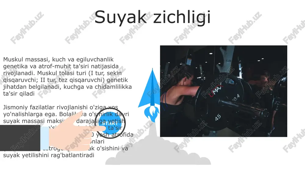5 kg og'irlikni oshirish) yaxshilanadi. asosiy qismlar: oyoqlar (masalan, kvadriseps, hamstringlar), tananing o'rta qismi (masalan, rektus abdominis), qo'llar (masalan, biseps, triseps) rivojlanish: progressiv ortiqcha yuk (mashqlar hajmi va intensivligini asta-sekin oshirish: 5km, keyin 7km, keyin 10kmni belgilangan vaqt ichida yugurish) tamoyillari juda muhim o'sish va rivojlanish o'smirlik (12-18 yosh): gormonal o'zgarishlar (testosteron/estrogen oshishi); tez o'sish; ikkilamchi jinsiy belgilarning rivojlanishi; suyak zichligining ortishi; o'g'il bolalarda mushak massasining sezilarli darajada oshishi; qizlarda menarxe (birinchi hayz ko'rish). vaqt va intensivlikda mintaqaviy farqlar seziladi. go'daklik (0-2 yosh): miya tez o'sishi (6 oyda kattalarning 25%, 2 yilda 75%); jismoniy rivojlanishda harakatlanish (6-10 oy), yurish (9-15 oy) kabi bosqichlar; bo'yi ~10 dyuymga, vazni uch barobarga ortadi tezlik 06 05 04 reaksiya vaqti 01 02 reaktsiya vaqti (rv): rv, millisekundlarda (ms) o'lchanadi, yosh o'tishi bilan kamayadi (bolalik: 200-300ms; kattalik: 150-250ms). rvning yaxshilanishi mielinizatsiya, neyromuskulyar koordinatsiyaning yaxshilanishini aks ettiradi. omillar: yosh, genetika, charchoq, stimulyator intensivligi (masalan, yorqin nur, …