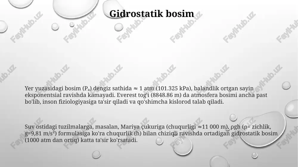 anda bosim past. barometrlar (masalan, simobli barometr) yordamida o'lchanadigan sirt bosimi; atmosfera bosimi balandlik bilan kamayadi; dengiz sathidagi bosim - o'lchov nuqtasi; yuqori bosimli sistemalar (antitsiklonlar) ochiq osmon bilan bog'liq; past bosimli sistemalar (tsiklonlar) bo'ronli ob-havo bilan bog'liq; bosim gradienti shamolni hosil qiladi. yuzaki bosimni o'lchash yer yuzasi bosimi (gektopaskal (hpa) yoki millibar (mb) da), turli global ob-havo stansiyalarida (masalan, london, pekin, denver) barometrlar yordamida o'lchanadi va ob-havo bashorat modellari uchun muhim ma'lumot beradi dunyo bo'ylab minglab meteorologiya stansiyalarida har soatda to'plangan sirt bosimi ma'lumotlari sun'iy yo'ldosh tarmoqlari orqali global prognoz tizimi (gfs) kabi atmosfera modellari uchun ma'lumot beradi aniq sirt bosimi o'lchovlar (masalan, londonda 1012 hpa, denverda 987 hpa) geopotentsial balandlikni hisoblashda muhim bo'lib, turli relyeflarda raqamli ob-havo bashorati (rob) modellari aniqligiga ta'sir qiladi bosim va chuqurlik dengiz sathidagi atmosfera bosimi o'rtacha 1013,25 millibar (hpa) yoki 1 kvadrat dyuymga 14,7 funt (psi) ni tashkil qiladi va balandlik bilan kamayadi. …
