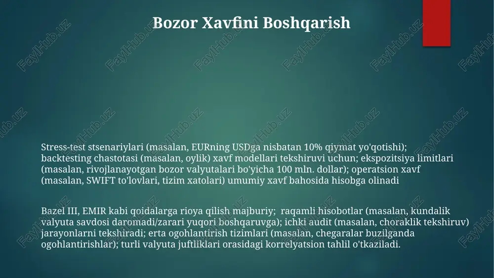big mac indeksi turli joylardagi (masalan, nyu-york, tokio, london) big mac narxini valyutalar qiymatini va bashorat qilingan valyuta kurslaridan og'ishlarni baholash uchun ishlatadi normativ talablarga muvofiqlik valyuta bozoridagi operatsiyalar (masalan, usd, eur, jpy) valyutalarini ebs, reuters kabi platformalarda, londondan, nyu-yorkdan va tokiodagi kabi joylarda, pozitsiya limitlari, marja talablari va hisobot majburiyatlari to'g'risidagi qat'iy qoidalar (masalan, emir, mifid ii) bo'yicha savdo qilishni o'z ichiga oladi. valyuta almashinuvi operatsiyalarida (10,000 aqsh dollaridan ortiq) bsa, ofac, dodd-frank kabi ko'plab qonunlarga (masalan, aqsh, yevropa ittifoqi, buyuk britaniya) rioya qilish, shuningdek, tegishli organlarga (masalan, fincen, hmrc) hisobot berish zarur. rivojlanayotgan bozor valyutasi valyuta bozori xatarlari (masalan, valyuta, likvidlik, qarshi tomon xatarlari) forvardlar, fyucherslar va opsiyonlar kabi himoya strategiyasi yordamida boshqariladi. murakkab modellar (masalan, var – xavf miqdori) xatarlarni boshqarishda qo‘llaniladi paydo bozorlari valyuta kursi beqarorligi (masalan, braziliya reali (brl), janubiy afrika randi (zar), meksika pesosi (mxn)) jahon valyuta bozorlariga sezilarli ta'sir ko'rsatadi valyuta kurslari eur/usd …