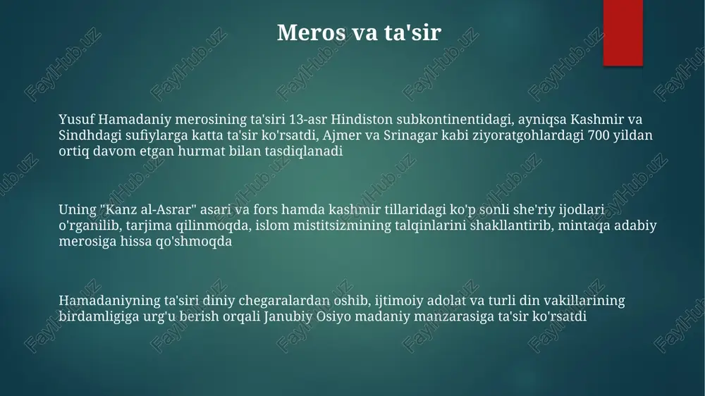 sufi ustozlarining she'rlaridan misollar keltiradi uning ustozlik modeli, klassik sufiylik an'analariga chuqur ildiz otgan bo'lib, shaxsiy yondashuvni, amaliyotlarni individual ehtiyojlar va ma'naviy yetuklik darajalariga moslashtirishni ustuvor qiladi ta'limot va falsafa hamadaniy ta’limotining multan, herat va buxoro kabi keng hududlarga tarqalishi mahalliy urf-odatlar bilan uning asosiy ma’naviy xabarchiligining noyob sinteziga olib keldi hamadaniy falsafasi sufizm elementlari bilan kuchli amaliy yo'nalishni uyg'unlashtirgan. u ijtimoiy adolatni himoya qilib, jamiyatdagi befarq xizmat (xizmat) orqali ruhiy poklanishni ta'kidlagan yusuf hamadonining 13-asr hindistonidagi chiştiylik tariqatiga katta ta'siri bo'lgan ta'limotlari xudoga bevosita tajribali yo'lni ta'kidlab, qattiq marosimlarni rad etgan. uning muhabbat (ishq), zikr va murshid (ruhoniy ustoz)ning ahamiyatiga urg'usi tariqat amallarini fors va janubiy osiyoda shakllantirdi e'tiboringiz uchun rahmat @taqdimot_robot image1.png image2.png image3.png image4.png image5.png image6.png image7.png image8.png image9.png image10.png