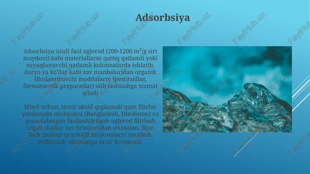 oladi. membrana filtratsiyasi (mf, uf, nf, ro): yuqori tozalash darajasi (viruslar, bakteriyalar); ilg'or tozalashda qo'llaniladi; energiya talabchan (ro); membrana ifloslanishi; konsentrlangan chiqindi oqimi hosil qiladi; dengiz suvi tuzsizlantirish va sanoatda qo'llaniladi; turli gözenek o'lchamlari (0,1-0,001 µm). havolantirish membranali havalandırish: mayda teshikli membranalar (0.1-1 mkm teshik o'lchami) nyu-york kabi zich shaharlarda samarali havalandırish uchun gaz almashinuvini yaxshilaydi havoni tozalash: gʻarbiy organik birikmalar (voc), masalan, benzin, toluen, etilbenzol va ksilenlarni (btex) texas shtatidagi xyuston kabi sanoat zonalaridagi ifloslangan suvdan samarali olib tashlaydi e'tiboringiz uchun rahmat @taqdimot_robot image1.jpg image2.jpg image3.jpg image4.jpg image5.jpg image6.jpg image7.jpg image8.jpg image9.jpg image10.jpg