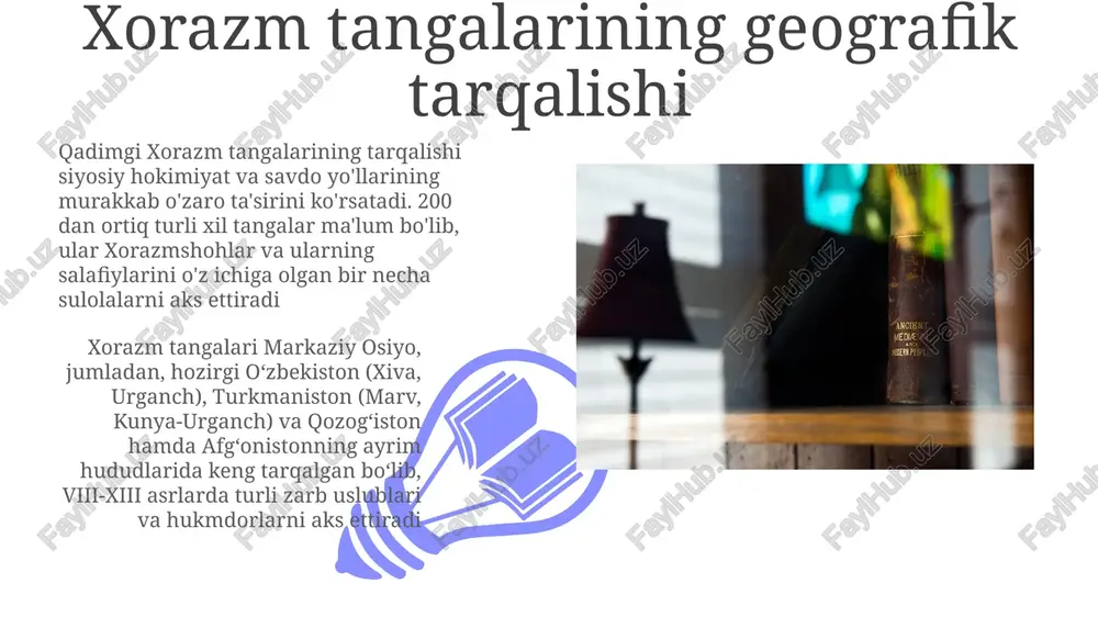 orazm (masalan, toprak-kala, ayaz-kala) arxeologik qazishmalaridan topilgan numizmatik dalillar tangalar turlarining boy xronologik ketma-ketligini ochib beradi, bu atrofdagi imperiyalar (masalan, parfiya, sosoniy, abbosiy) bilan iqtisodiy integratsiyani va mahalliy mustaqillikni aks ettiradi xorazmning qadimgi ipak yo'li savdosidagi o'rni (numizmatik dalillar) xorazmning xitoy, hindiston va yaqin sharq bilan iqtisodiy aloqalariga ta'sir ko'rsatgan ipak yo'li pul tizimlaridagi rolidirhams, puls kabi kumush va bronza tangalarning nominal qiymati, og'irlik standartlari va xo'tan, so'g'd, arab va pahlavi yozuvlaridagi yozuvlar tahlili buni ko'rsatadi. qo'shni madaniyatlar bilan numizmatik aloqalar toprak-kala va ayaz-kala kabi joylardan topilgan xorazm tangalarini tahlili margiana va baktriya kabi qo'shni hududlar bilan iqtisodiy aloqalarni, mahalliy xorazm tangalari bilan birga ushbu davlatlarning tangalarining muomalada bo'lishini ko'rsatadi, bu amudaryo va undan tashqariga cho'zilgan savdo tarmoqlarini bildiradi xorazmda hellenistik tangalarning ta'siri miloddan avvalgi iii-i asrlarda xorazm tangalarida ellinistik ta'sir seziladi; ayxonum va boshqa xorazm shaharlarida zarb qilingan ko'plab kumush draxmalar va mis tangalarda yunon uslubidagi elementlar (masalan, afina, …