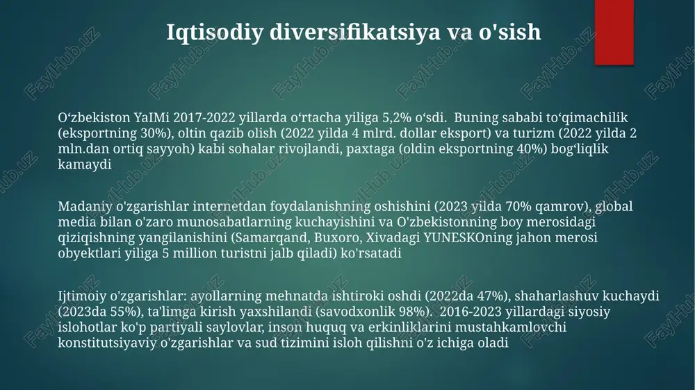 bu esa elektron tijoratga (+3 milliard dollar bozor qiymati 2025 yilga qadar) va toshkent, samarqand va boshqa shaharlardagi davlat xizmatlariga ta'sir ko'rsatdi. shaharlashuv va qishloq taraqqiyoti o'zbekistonning tez urbanizatsiyasi (2000-2020): 50%+ aholining qishloq joylardan (farg'ona vodiysi, buxoro) toshkent, samarqandga ko'chishi, 20 milliondan ortiq shahar aholisi, qishloq xo'jaligi mehnati va yerlardan foydalanishga ta'siri sog'liqni saqlash yaxshilanishi va jamoat salomatligi tashabbuslari o'zbekistonda sog'liqni saqlashga davlat mablag'lari 30% (2017-2023) ortdi, 25 million fuqaroni, ayniqsa namangan va qashqadaryo kabi qishloq joylarini, ona va bola salomatligi hamda yuqumli kasalliklarni kamaytirishga qaratilgan 150 ta yangi klinikalar orqali qamrab oldi. qiyinchiliklar va kelajak istiqbollari yosh demografiya (60% dan ortiq aholisi 30 yoshdan past), imkoniyatlar va qiyinchiliklarni keltirib chiqaradi – ta'lim va ish o'rinlari yaratishga investitsiyalar talab etiladi. barqaror iqtisodiy o'sish uchun ta'lim sifatini (boshlang'ichdan oliygacha) yaxshilash orqali inson kapitalini mustahkamlash muhim tez urbanizatsiya (toshkent aholisi 3 milliondan oshdi) infratuzilmani, uy-joy va xizmat ko'rsatishni yaxshilashni talab qiladi. internetga …