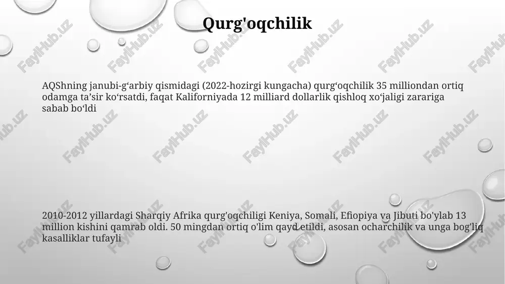 qa, tinch okeani) to'plangan qor ko'chkilari katta qor ko'chkilar, masalan, 1962-yilgi alp tog'laridagi 26 kishining halok bo'lishiga sabab bo'lgan ko'chki, inson hayoti va infratuzilmasiga ta'sir qiluvchi oldindan aytib bo'lmaydigan xususiyatini ta'kidlaydi meteor ta'sirlari chiksulub krateri, yukatan yarim oroli, meksika; 66 million yil avval; 10-15 km diametrli meteorit; bor-paleogen qirilish hodisasi; ulkan sunami, o'rmon yong'inlari, global qish, 75% tur qirilish; butun dunyoda iridiy qatlami topilgan. vredefort krateri, free state, janubiy afrika; 2 milliard yil avval; diametri 300 km; yer yuzidagi eng katta tasdiqlangan ta'sir tuzilmasi; meteoritning o'lchami taxminan 10-15 km; atrofdagi tog' jinslarida kuchli zarba metamorfizmi va deformatsiyasi dalillari. 1908-yil, rossiya, sibirdagi tunguska hodisasi; 50-80 metr balandlikda portlash; taxminan 10-15 megaton tnt ekvivalenti; 2150 kvadrat kilometr maydonda 80 million daraxt vayron bo'lgan; krater topilmagan; ehtimol asteroid yoki kometa. yovvoyi yong'inlar aqshning g'arbiy qismida (2000-2020) yiliga 10 million akrdan ortiq maydonni qamrab olgan o'rmon yong'inlari iqlim o'zgarishi, qurg'oqchilik (masalan, kaliforniyaning 2021 yildagi …