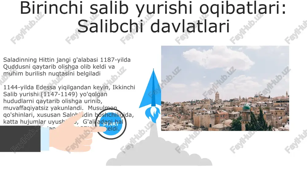 sr oxiriga kelib misr, suriya, mesopotamiya va arabistonning bir qismini nazorat qilgan. ularning fathlari levantning siyosiy manzarasini sezilarli darajada o'zgartirib, saladin boshchiligidagi birlashgan musulmon hukmronligiga kuch o'tkazdi birinchi salib yurishi va uning maqsadlari 638-yilda rashidun xalifaligi quddusni vizantiya imperiyasidan zabt etdi, bu mintaqaning diniy va siyosiy manzarasida muhim burilish nuqtasi bo'ldi. bu dastlabki fath musulmonlar hukmronligining boshlanishini belgiladi. quddusdagi qoya gumbazi qisqa vaqtdan keyin qurildi, bu muhim islom ziyoratgohi. 1099-yil 15-iyul: uzoq va qiyin qamaldan so'ng, turli yevropa guruhlaridan iborat salibchi armiyasi quddusni zabt etdi. musulmon va yahudiylarning dahshatli qirg'ini sodir bo'ldi. quddus qirolligi tashkil topdi va deyarli ikki asr davom etgan salibchilar hukmronligi boshlandi quddus qamal qilinishi (1099-yil) 1099-yil: 40 kunlik qamaldan so'ng (taxminan 20 000 frank) birinchi salib yurishi fatimiylar xalifaligining garnizonini (taxminan 4000) mag'lub etib, quddusni egalladi. musulmon va yahudiy aholining ommaviy qirg'ini sodir bo'ldi. shahar nazorati quddus qirolligiga o'tdi. 1099-yildan keyin, quddus 1187-yilda salohiddin tomonidan bosib …
