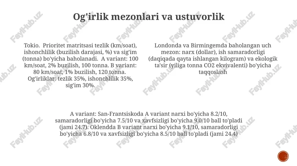 oat), tejash (dollar) va tizim barqarorligi (to'xtash vaqti soatlarda) bo'yicha ta'siri juft t-test yordamida tahlil qilindi. natijalar option b ning barcha ko'rsatkichlar bo'yicha ustunligini ko'rsatdi. statistik ahamiyatlilik alfa darajasi (0.01) bilan aniqlandi. ssenariy rejalashtirish va xatarlar baholash a variant yuqori rentabellik (npv, irr)ni ko'rsatadi, lekin operatsion xavfini (yuqori boshlang'ich investitsiya, murakkab ishlab chiqarish) oshiradi, bu aqsh va yevropa ittifoqi hududlarida potentsial kechikishlar va xarajatlarning oshishiga olib kelishi mumkin geosiyosiy beqarorlik (masalan, aqsh va xitoy o'rtasidagi potentsial savdo urushlari) ikkala variant uchun ham katta tahdid hisoblanadi. a varianti xomashyo manbalariga ko'proq bog'liqligi tufayli b variantga nisbatan ta'minot zanjiri uzilishlariga ko'proq moyil o'lchov parametrlarini aniqlash san-frantsisko ma'lumotlar markazida a variantining samaradorligi (sekundiga amalga oshirilgan operatsiyalar bo'yicha) b variantiga nisbatan 25% yuqori bo'ldi; kechikish 15ms ga nisbatan 22ms (kamroq yaxshi); a variantining xatolik darajasi (0.01%) b variantining (0.05%) xatolik darajasidan ancha yuqori. ma'lumotlarni tasavvur qilish tahlilga ko'ra, a variantining 6 oylik umumiy xarajati …