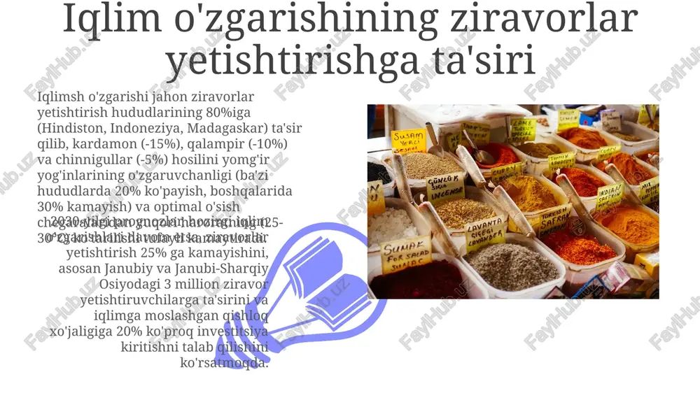hindiston, xitoy va aqsh asosiy iste'molchilar hisoblanadi. yorliqlash qoidalari juda farq qiladi, masalan, qo'shimchalar uchun evropa ittifoqining (ec) 1831/2003-sonli qoidalari ziraklar narxi va beqarorlik zerdeçal narxi global eksportning 20% ini ta'sir qilgan indoneziyadagi yetkazib berish zanjiri uzilishlariga qaramay, 1 kg uchun 5 dollar atrofida barqaror qolmoqda jahon ziravorlar narxlari (masalan, kardamon 18$/kg, qalampir 4$/kg) 2023-yilgi hindiston mussoni ta'sirida yuqori beqarorlikni ko'rsatmoqda va kerala va tamil nadu'dagi hosilga ta'sir ko'rsatmoqda. hisobotlarda yevropada ziravor iste'moli 15% ga oshgani, bu yaqin sharq taomlarining ommabopligi 20% ga o'sganligi bilan bog'liq. yangi ziravorlar qo'llanilishi aqsh2023012345 ziravor iste'molining tendentsiyalari 2022-yilda jahon bo'yicha ziravorlar iste'moli 4,7 million tonnani tashkil etdi, hindiston, xitoy va aqsh asosiy iste'molchilar hisoblanadi. qora murch, qalampir va zerdeçal jahon bozorlarida ustunlik qilib, barcha hududlarda barqaror o'sishni namoyon etmoqda hindiston ziravorlaridan foydalanish to'g'risidagi hisobotlar kurkuma iste'moli yiliga 5% (2018-2023) o'sganligini, buning sababi esa uning foydali xususiyatlari ekanligini ko'rsatmoqda. janubiy osiyo oshxonasida esa karam, zira …
