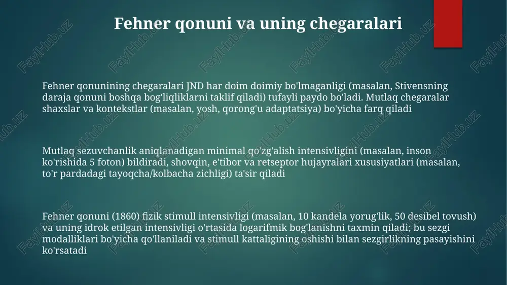 izika tajribasida). 50% aniqlash darajasi chegarani belgilaydi; o'lchash uchun chegaralar, doimiy stimullar, sozlash usullari qo'llaniladi. stivenning kuch qonuni: muqobil yondashuv mutlaq sezuvchanlik (masalan, ma'lum to'lqin uzunligi uchun 0.5 cd/m² yorug'lik chegarasi), ikki qo'zg'atuvchi o'rtasidagi farqni sezish chegarasi (fsch) (masalan, weber qonuni: δi/i = k, turli intensivlikdagi joylarda doimiy nisbat) bilan farqlanadi spl ga alternativ yondashuvlar logarifmik modellarni (masalan, tovush intensivligi uchun desibel shkalalari, eshitish jarayonidagi joy nazariyasi bilan bog'liq) o'z ichiga oladi, bu yuqori stimullar intensivligidan olingan ma'lumotlarni yaxshiroq hisobga olishi mumkin sensor tadqiqotlarining kelajak yo'nalishlari genetik omillar (snplar, gen ekspressiyasi) va atrof-muhit ta'siri (shovqin, ovqatlanish)ning turli geografik joylardagi (masalan, shahar va qishloq) kamida 3 ta turli sezgi tizimida mutlaq va differentsial chegaralarga ta'sirini 30-40 tadan ishtirokchi bilan o'rganish juda muhim. klinik sharoitlarda (masalan, eshitish va koʻrish qobiliyatining pasayishi) aniqlik va samaradorlikni oshirish uchun yangi psixofizik usullarni (masalan, moslashuvchan zinapoya protseduralari, bayes moslashuvchan usullari) ishlab chiqish. 25-35 ishtirokchi va 20-70 …