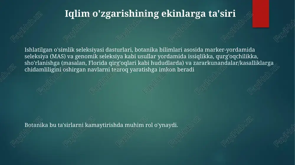 ada makkajoʻxori ekish oraligʻi 20 sm), ozuqa moddalarini yaxshiroq oʻzlashtirish (masalan, dukkakli oʻsimliklarda rizobiya bakteriyalari orqali azot fiksatsiyasi) ekin seleksiyasi dasturlari botanika printsiplariga (masalan, filippindagi yuqori hosildor guruch navlarini yaratishga olib kelgan duragaylash texnikalari) katta bog'liq o'simlik fiziologiyasini tushunish o'simlik fiziologiyasi (gormon signallari, fotoperiodizm)ni tushunish sug'orish jadvallari, o'g'itlash strategiyasi (npk nisbatlari) va hosil yig'im-terim texnikasini optimallashtirish, iqtisodiy foydani oshirish uchun muhimdir botanika qishloq xoʻjaligida genetik muhandislik (gmo, crispr-cas9 texnologiyasi) orqali hosilni yaxshilash, kasalliklarni boshqarish (fusarium, bakteriya kuyishi kabi qoʻziqorin patogenlari) va barqaror dehqonchilik amaliyotlari (aniq qishloq xoʻjaligi, gidroponika) orqali oziq-ovqat xavfsizligini oshirishda muhim rol oʻynaydi o'simlik fiziologiyasi fotosintez (c3, c4, cam yo'llari), transpiratsiya (stoma o'tkazuvchanligi, suv potensiali) va ozuqa moddalarini o'zlashtirish (azot fiksatsiyasi, fosfor yutilishi) kabi muhim jarayonlarni o'z ichiga oladi, bu esa global miqyosda hosilga ta'sir qiladi zararkunanda va kasalliklarga qarshi kurash aniq oʻsimlik aniqlash samarali begona oʻtlarga qarshi kurash uchun muhim; avstraliya bugʻdoy dalalarida hosildorlikka salbiy ta'sir koʻrsatuvchi …