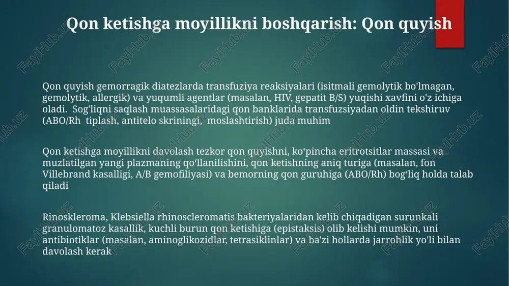 (kem), muzlatilgan yangi plazma (myp) va trombotsitlar tegishli kamchilikka qarab quyiladi rinoskleroma – klebsiella rhinoscleromatis bakteriyalaridan kelib chiqadigan surunkali granulomatoz kasallik, asosan yuqori nafas yo'llarini (burun, halqum) zararlaydi. tashxis klinik ko'rinish (tugunchali o'smalar, burun bitishi), biopsiyada mikulicz hujayralari va zararlangan to'qimadan bakteriyalarni ajratib olish orqali qo'yiladi qon ketish diatezlarining klinik ko'rinishlari rinoskleroma – klebsiella rhinoscleromatis bakteriyalaridan kelib chiqadigan yuqori nafas yo'llari surunkali yallig'lanishi, burun bitishi, qobiqlanish va deformatsiyaga olib keladi. asosiy ravishda burun va nazofarenksni, ba'zan larinks va traxeyani ham zararlaydi. mikulich hujayralari (ko'pikli makrofaglar) aniqlanadi qon quyish, qon ketish kasalliklarini davolashda muhim bo'lib, salbiy reaksiyalarni oldini olish uchun rh tekshiruvi va moslashtirishni talab qiladi. o'pka shikastlanishi (trali) jiddiy asorat bo'lishi mumkin qon ketishga moyillik turlari qon quyish, qon ketish kasalliklarini davolashda muhim bo'lib, abo va rh tekshiruvini talab qiladi (masalan, rh-manfiy qabul qiluvchi, rh-musbat donor gemolitik reaksiyalar xavfini tug'diradi). qon quyish bilan bog'liq o'tkir o'pka shikastlanishi (trali) jiddiy asorat …