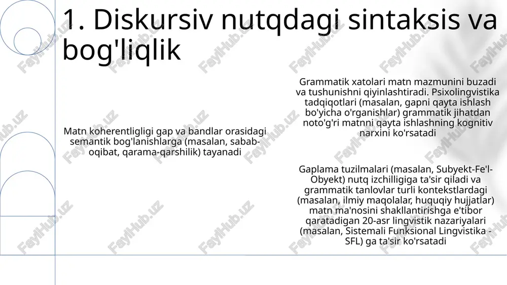 yfiyat) o'rganishni talab qiladi 5. grammatik asosida diskurs tahlili suhbat grammatikasi turli tillarda (ingliz, mandarin, ispan) nutq tahlilini ta'sir qiluvchi navbat almashinuvi (qo'shni juftliklar, bir vaqtda gapirish, uzilishlar) kabi tuzilmalarni tahlil qiladi. pragmatika (nutq harakatlari, ma'no ko'chirish) va kontekst (muhit, ishtirokchilar) 20-asr lingvistik tadqiqotlarida muhim ahamiyatga ega. so'zlashuv oqimini struktur grammatikasi (ibora tuzilishi qoidalari, bog'lanish grammatikalari) belgilaydi. hisoblash lingvistikasi algoritmlarni (tahlil qilish, yaratish) katta korpuslarga (twitter, reddit kabi manbalardan millionlab so'zlar) qo'llaydi va 21-asrda tabiiy tilni qayta ishlash imkoniyatlarini yaxshilaydi. matn tahlili jumlalarning matndagi (rivoyat, bahs) birlashishini va ma'noga ta'sirini o'rganadi. kognitiv lingvistika (aqliy modellash, ramkalash) talqinni boyitadi, universitetlar (masalan, stenford, oksford)dagi 50 yildan ortiq tadqiqotlarni o'rganadi. grammatik tuzilmalar (band turlari, bog'lovchi vositalar) uyg'unlikni shakllantiradi. 6. suhbat tuzulimining grammatikasi diskursdagi grammatikani tahlil qilish til shakllari va ularning funksiyalar o'rtasidagi bog'liqlikni o'rganishni talab qiladi. diskurs pragmatikasi grammatikaning kontekstual omillar bilan o'zaro ta'siri va ma'no muzokaralarini shakllantirishini o'rganadi. diskursiv tahlil grammatika tuzilmalarni …