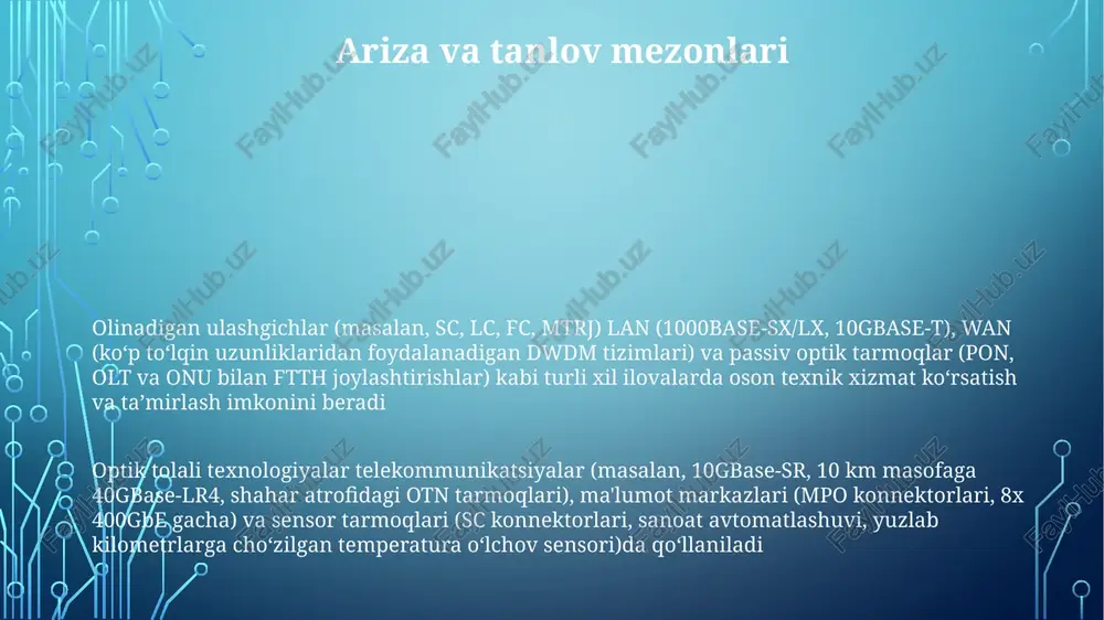 t-rj) qulay kirish va joyida almashtirish imkonini beradi, bu esa texnik xizmat koʻrsatish va yangilashni osonlashtiradi; londonning 100-reykli inshooti kabi korxona tarmoqlari yoki kichik maʼlumot markazlaridagi 12-tolali patch panellarda keng qoʻllaniladi olib bo'lmaydigan konnektor turlari olmas uziladigan ulagichlar: sc, lc, fc va mt-rj turlari ko'pincha lehimlanadi yoki yopishtiriladi, ma'lumot markazlari va telekommunikatsiya infratuzilmalarida (masalan, 10gbase-sr, 40gbase-sr4) bardoshli, yuqori zichlikdagi yechimlarni taqdim etadi. ishonchlilik yuqori, lekin ta'mirlash komponentlarni almashtirishni talab qiladi. olinadigan ulashgichlar: sc, lc, fc va st o'rnatish va ajratishni osonlashtiruvchi kalitli bayonet yoki itarish-tortish mexanizmlaridan foydalanadi. bu lokal tarmoqlar (lan) va optik tolali kabel o'rnatishlarida (masalan, bir modali, ko'p modali) qayta konfiguratsiyani osonlashtiradigan patch panellarida keng tarqalgan e'tiboringiz uchun rahmat @taqdimot_robot image1.png image2.png image3.png image4.png image5.png
