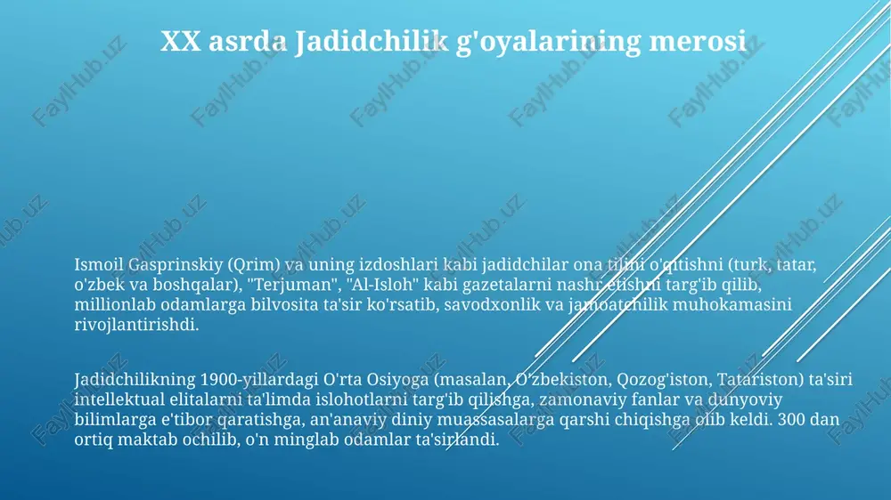 id maktablari (yuzlab ochilgan) diniy fanlar bilan birga dunyoviy fanlarni ham o'qitib, turli millatdagi (musulmon, xristian, yahudiy) o'quvchilarni jalb qildi va qozon, toshkent, boku kabi shaharlarda madaniyatlararo tushunishni rivojlantirdi millatshunoslik va siyosat bilan shug'ullanish ko'p tilli (turk, arab, fors, rus) nashrlar (gazetalar, jurnallar) orqali yangi g'oyalar tarqatilib, an'anaviy diniy hokimiyatlarga qarshi chiqildi va ijtimoiy o'zgarishlarga chaqiruv bo'ldi. ta'lim orqali 15 million kishi bevosita, ommaviy axborot vositalari orqali esa 5 million kishi bilvosita ta'sirlandi jadidchilar, asosan 19-asr oxiri va 20-asr boshlarida rossiyada (qozon, boqu, toshkent kabi shaharlarda) islomning modern tushunchasini targ'ib qiluvchi ta'lim islohotlari orqali mintaqaviy ijtimoiy-madaniy hayotga sezilarli ta'sir ko'rsatdilar. turli millatdagi (tatarlar, o'zbeklar, ozarbayjonlar) 20 million musulmon ta'sirga uchradi jadidchilik ta'rifi jadidchilik ta'siri mintaqalar bo'yicha har xil bo'ldi: volga-ural (qozon, orenburg) va qrimda kuchli ta'sir ko'rsatgan bo'lsa, markaziy osiyoda (buxoro amirligi, qo'qon) ham ta'sir ko'rsatdi. u konservativ ulamolar va davlat hokimiyatlari (rossiya imperiyasi, usmonli imperiyasi) tomonidan qarshilikka uchradi jadidchilik …