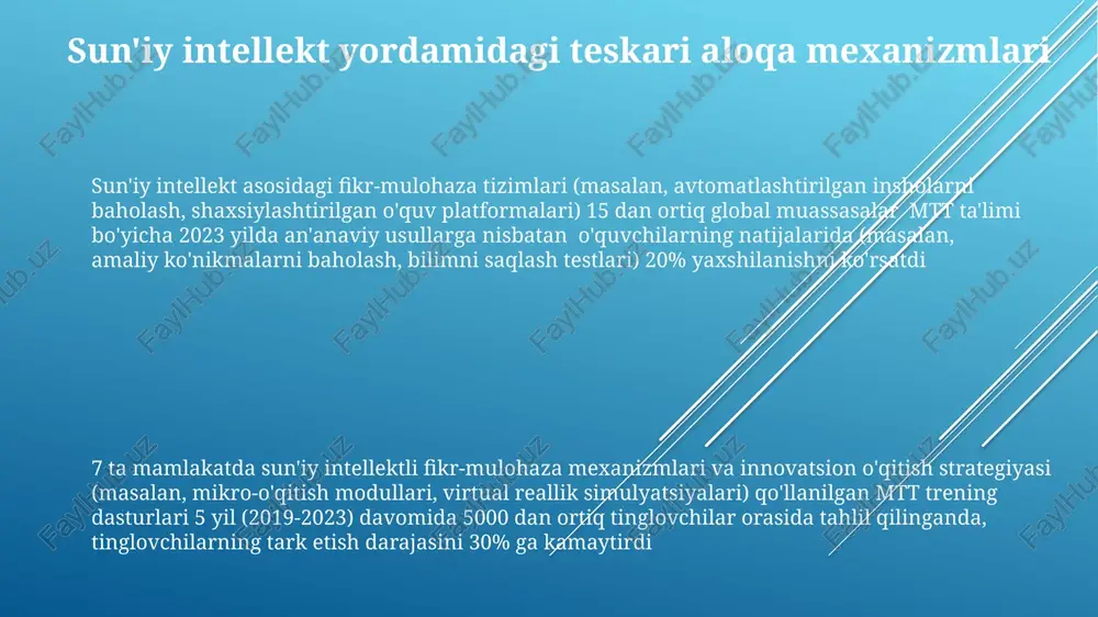 tahlili individual taraqqiyotni kuzatib, shaxsiylashtirilgan o'rganish yo'llarini shakllantiradi. shaxsiylashtirilgan o'quv yo'llari mtt treningida shaxsiylashtirilgan o'quv yo'llari 5 ta turli joydagi (masalan, kaliforniya va texasdagi shahar va qishloq maktablari) 30 dan ortiq tinglovchilarga moslashuvchan o'rganish platformalari, moodle yoki canvas kabi o'quv boshqaruv tizimlari orqali individual o'quv tajribalarini taqdim etadi mtt o'qituvchilari tomonidan qo'llaniladigan innovatsion yondashuvlarda onlayn modullar (20 soat asinxron kontent) va shaxsiy seminarlar (15 soat sinxron ta'lim)ni o'z ichiga olgan aralash o'qitish modellari qo'llaniladi kengaytirilgan reallik ilovalari kengaytirilgan reallik (kr) nyu-yorkdagi linkoln texnika instituti kabi mtt mashgʻulot muhitlariga (masalan, ustaxonalar) mashinalarning 3d modellari qoʻyiladi mttda ar-ga asoslangan o'yinlashtirish kursantlarning faolligini oshiradi. kaliforniyadagi kasb-hunar maktablari uchun ishlab chiqilgan "ar mechanic" kabi ilovalar ball tizimi, reyting jadvallari va virtual mukofotlarni qo'llab, 2022 yildagi tadqiqotda ko'rsatilganidek, texnik ma'lumotlarni o'zlashtirishni 10-15% ga yaxshilaydi nemis avtomobil institutidagi avtomobil mtt dasturlarida microsoft hololens 2 dan foydalanadigan ar ilovalari masofadan turib mutaxassis yordamini ta'minlaydi. real vaqtda yozuvlar …
