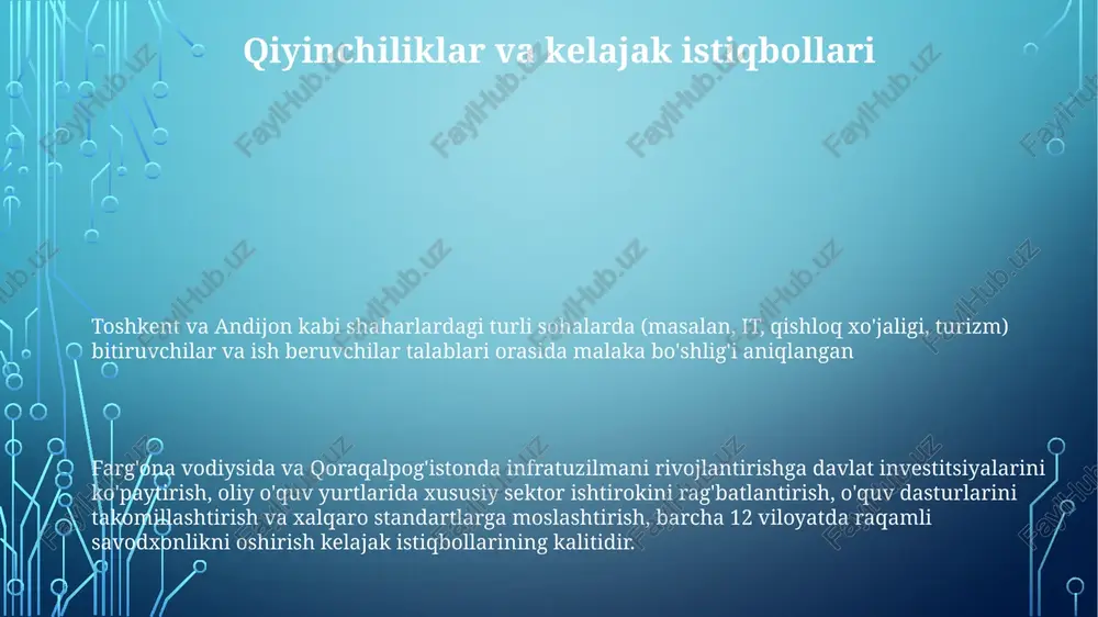 ohalariga urg'u kuchayib bormoqda, bu mablag'larning ko'payishi va ixtisoslashgan universitet dasturlarida aks etmoqda o'zbekiston oliy ta'lim tizimi 119 oliygohni, jumladan 57 davlat universiteti va 62 nodavlat muassasani o'z ichiga oladi, toshkent, samarqand va buxoro kabi shaharlarda 600 000 dan ortiq talaba tahsil oladi toshkent viloyati boshqa kam rivojlangan hududlarga nisbatan yuqori qatnash ko'rsatkichlariga ega. hukumat stipendiyalarni ko'paytirish, edmodo va moodle kabi platformalar orqali onlayn o'qish imkoniyatlarini kengaytirish va kam ta'minlangan hududlarda yangi kampuslar qurish orqali kirishni yaxshilashga harakat qilmoqda o'quv dasturi va pedagogika tahlil shuni ko'rsatdiki, o'quv dasturida raqamli savodxonlikka urg'u kuchaygan (2015 yildan beri axborot texnologiyalari bo'yicha kurslar taxminan 20% ga oshgan), ammo ko'plab muassasalarda raqamli infratuzilma yetarli emas o'zbekiston kollejlaridagi pedagogik yondashuvlarda farqlar katta, talabaga yo'naltirilgan o'qitish cheklangan; ko'plab dasturlarda (masalan, muhandislik, tibbiyot) amaliy ko'nikmalar nazariy bilimlarga nisbatan kamroq e'tibor qaratiladi, bu bitiruvchilarning ishga joylashish ko'rsatkichlariga (ba'zi sohalarda 70% dan kam) salbiy ta'sir ko'rsatadi o'zbekistonning toshkent, samarqand va …