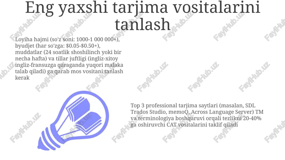 o'pincha yo'q, bu butun dunyo bo'ylab millionlab foydalanuvchilarning ma'lumotlarini o'g'irlashga olib keladi narxlash modellarini tushunish memoq, sdl trados studio (cat vositalari) kabi onlayn resurslar samaradorlikni oshirib, narxga ta'sir qiladi. terminologiya bazalaridan (masalan, termbase exchange) foydalanish izchillikni ta'minlaydi va xarajatlarni kamaytiradi proz.com, gengo, translated.com kabi 20 dan ortiq professional tarjima saytlarida narx modellari (so'ziga, soatiga, yagona to'lov) farq qiladi; so'z soni, til jufti (masalan, inglizcha-yaponcha inglizcha-ispanchadan qimmatroq), mutaxassislik (tibbiyot, huquq) va shoshilinchlik (shoshilinch ishlar qimmatroq) kabi omillarni hisobga oling muvaffaqiyatli ishlash uchun malaka (masalan, amerika tarjimonlar assotsiatsiyasining sertifikatlari), tajriba (masalan, moliyaviy hujjatlarni tarjima qilish bo'yicha 5 yildan ortiq tajriba) va ixtisoslashuvni (masalan, berlin shahridagi nemis-ingliz texnik tarjimasi) aks ettiruvchi jozibador profil yaratish kerak e'tiboringiz uchun rahmat @taqdimot_robot image1.jpeg image2.jpeg image3.jpeg