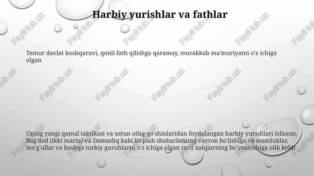 an, balx, hirot) ko'plab shaharlarni zabt etishni o'z ichiga oldi temur o'z hokimiyatini mustahkamlash uchun, ayniqsa barlas qabilasi orasida, strategik nikoh va kuchli oilalar bilan hisoblangan ittifoqlar tuzdi 1336-yilda shahrisabz (hozirgi o'zbekiston) yaqinida tug'ilgan, chingizxon avlodi timur, turkiy qabilalar urushlarida o'sdi, otliq qo'shin taktikasini o'zlashtirdi va kelajakdagi qudratining kaliti bo'lgan ittifoqlar tuzdi. 1369-yilga kelib movarounnahrni nazorat qilgan. tarixshunoslik va zamonaviy talqinlar temur tarixshunosligi, 15-asrdan boshlab fors, usmonli va yevropa manbalariga asoslanib, qarama-qarshi tasvirlarni ochib beradi: shafqatsiz zabt etuvchi va aqlli boshqaruvchi. uning "zafarnoma"si asosiy manba bo'lib, yutuqlarini mubolag'a qilib, vahshiyliklarini kamaytiradi temurning "buyuk davlat arbobi" degan unvoni zamonaviy talqinlarda shubha ostiga olinmoqda, chunki uning fors, anadolu, hindiston (dehli sultonligi) va rossiya (oltin o'rda)dagi shafqatsiz yurishlari ta'kidlanmoqda. demografik tahlillar uning fathlari davrida aholi sonining juda kamayganligini ko'rsatmoqda timur "buyuk davlatchi"mi yoki qonxo'r jangchi bo'lganligi haqidagi bahs davom etmoqda. iqtisodiy siyosati va markaziy osiyo savdo yo'llariga ta'siri hali ham o'rganilmoqda. oksford, harvard …