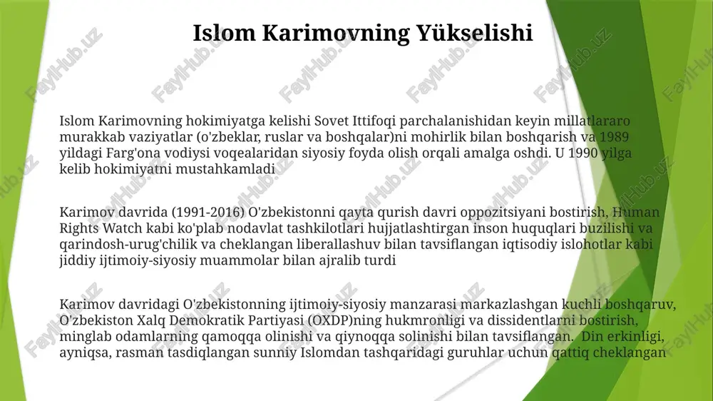 i ishtirok etgan (farg'ona vodiysida, toshkentda, qoraqalpog'istonda) avtoritar hukmronlik (islom karimov rejimi), soʻz va yigʻilish erkinligining cheklanganligi bilan tavsiflangan ijtimoiy-siyosiy vaziyat. iqtisodiyotda paxta yetishtirish, diversifikatsiya urinishlariga qaramasdan, markaziy oʻrinda qoldi o'zbekistonning paxta tarmog'i (1991-2000 yillar oralig'ida) sovetdan keyingi qayta qurishni 1-2 million majburiy mehnatga (asosan qishloq aholisi, 2000-2010 yillar) tayanib amalga oshirdi, xalqaro mehnat tashkiloti, hrw va aqsh davlat departamenti tomonidan katta inson huquqlari buzilishi haqida xabarlar berilgan bo'lsa-da mustaqillikning dastlabki bosqichlari va qiyinchiliklar oʻzbekistonning dastlabki mustaqillik davri katta tashqi muammolarga duch keldi. sovet ittifoqining parchalanishi oʻrnatilgan iqtisodiy aloqalarni buzdi, yangi xalqaro hamkorlikni rivojlantirish zarur boʻldi oʻzbekiston 1991-yil 31-avgustda sovet ittifoqidan mustaqilligini eʼlon qilib, ijtimoiy-siyosiy qayta qurish va iqtisodiy qiyinchiliklar davrini boshladi 1990-yillar boshida prezident islom karimov va turli guruhlar o'rtasida hokimiyat uchun kurash kuzatildi, mintaqaviy sadoqatlar siyosiy vaziyatga ta'sir ko'rsatdi. bu, ayniqsa, qoraqalpog'iston kabi qabilalar aloqasi kuchli hududlarda vaqti-vaqti bilan tartibsizliklarga olib keldi islomning o'zbek jamiyatidagi o'rni qayta qurish …