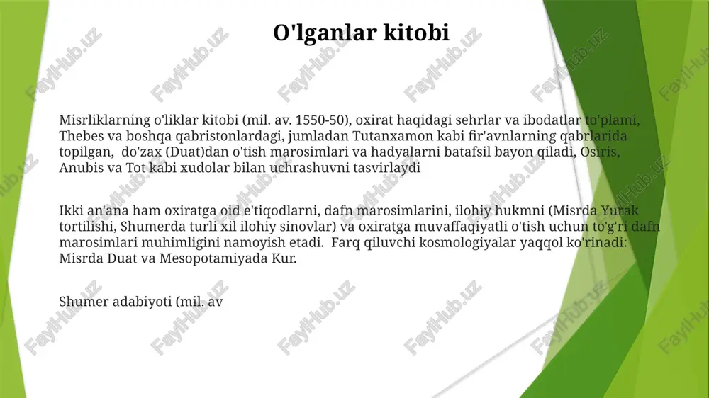 0 yillar), piramidalar matnlari (mil. av. 2400), tabut matnlari (mil. av. 2100-1000) va sinuxening hikoyasi (mil. av. 1900) kabi asarlarni o'z ichiga oladi gilgamesh, miloddan avvalgi taxminan 2700-yillarda yashagan shumer shohi haqida yozilgan mesopotamiya epik dostonida, uning o'lmaslikka intilishi, utnapishtin'ning tufoni haqidagi rivoyati va enkiduga do'stligi tasvirlangan. 12 ta taxtaga yozilgan doston livan kedr o'rmonlaridagi sarguzashtlar va humbaba bilan janglarni bayon qiladi shumer afsanalari va maqomlari sumer va misr madaniyatlarida yaratilish afsonalari, toshqin hikoyalari, dunyolararo sayohatlar va ilohiy hukmdorlar o'xshashligi kuzatiladi. lekin, xudolar, kosmologiya va adabiy uslublar farq qiladi, bu esa mesopotamiya va nil vodiysidagi noyob madaniy rivojlanishni aks ettiradi shumer miflari, masalan gilgamesh dostoni (mesopotamiya, taxminan 2100 yil avv.m.), toshqin haqida hikoyalarni, ilohiy hukmdorlikni (masalan, enlil, anu) va o'lganlar dunyosini (kur) tasvirlaydi qadimgi misr adabiyoti (miloddan avvalgi taxminan 3100-30 yillar) piramidalar matnlari (saqqara, miloddan avvalgi taxminan 2400 yil), tosh tobut matnlari (turli joylar) va o'lganlar kitobini (papiruslar, turli davrlar) …