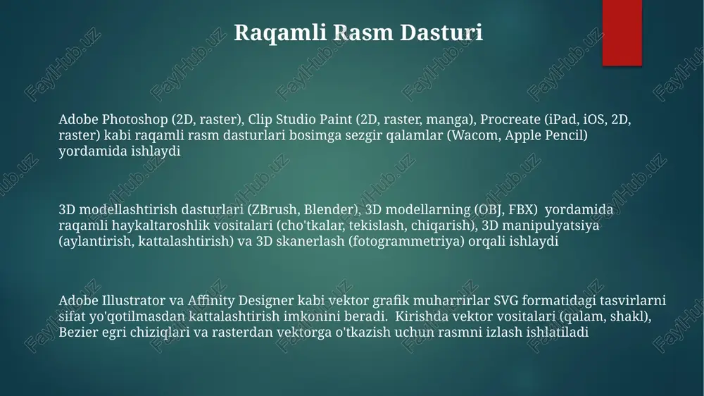 iradi. rang palitralari (cmyk - chop etish uchun, rgb - ekran uchun) va ranglarni aralashtirish (qo'shimcha/ayirish modellari) dizaynning asosiy qismidir raster grafik muharrirlar fayllarni turli formatlarda eksport qilish (masalan, ofset bosma uchun cmyk yoki tez yuklanish uchun optimallashtirilgan jpeglar) chiqishni o'z ichiga oladi. bosma sifat uchun rezolyutsiya (dpi, ppi) muhim; past rezolyutsiyalar piksellashga olib keladi rasmlarni piksel darajasida tahrirlash dasturlari (masalan, 1990 yildan beri lider bo'lgan adobe photoshop, bepul ochiq kodli gimp va .net asosidagi paint rasm tahrirlash dasturlari rang sozlamalari (hsv, rgb), qatlam boshqaruvi (photoshopdagi keng tizim), tanlash vositalari (lasso, sehrli tayoqcha), filtrlar (bulurlashtirish, o'tkirlashtirish) va matn kiritish (turli shriftlar, o'lchamlar, uslublar) kabi funksiyalarni taqdim etadi rasm tahrirlash dasturi yuqori performansli raster grafik muharriri (windows, macos va ipad uchun); obuna modeli yo'q; yaxlit tahrirlash, ilg'or cho'tka mexanizmi, hdr va raw protsesslash imkoniyatlari mavjud; london, nyu-york va tokio bozorlarida professional fotograf va dizaynerlar orasida mashhur, arzon va kuchli alternativa. gimp …