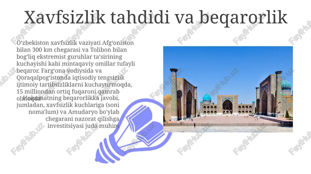 zorat muammolariga duch keladi (cccrning aniq tabiati aniqlashtirishni talab qiladi) davlat nazoratidagi oav (o'zbekiston milliy televizion va radiokompaniyasi, "pravda vostoka" kabi gazetalar) axborot maydonini nazorat qilib, jamoatchilik fikriga ta'sir ko'rsatishi va turli nuqtai nazarlarga kirishni cheklashi mumkin; cccrning bu kontekstdagi roli uning ta'sirini aniqlash uchun qo'shimcha tekshiruvni talab qiladi oʻzbekistonning boʻlinishining tarixiy konteksti oʻzbekistonda qoʻshimcha boʻlinishlar ehtimoli amudaryo va sirdaryo havzalari suv resurslarini boshqarish, fargʻona vodiysini va qoraqalpogʻistonni taʼsir qilishi kabi omillarga bogʻliq. qoʻshni davlatlar (masalan, tojikiston, qirgʻiziston, qozogʻiston) bilan chegaradosh suvlar boʻyicha nizolar ichki keskinliklarni kuchaytirib, vaziyatni yanada murakkablashtiradi. cccrning aloqasi nomaʼlum. o'zbekistonning ko'p millatli aholisi (o'zbeklar, tojiklar, qoraqalpoqlar) orasida chegaralangan bo'lsa-da, zamonaviy separatist harakatlar mavjud bo'lib, ular mintaqaviy iqtisodiy tengsizlik va tarixiy shikoyatlar bilan bog'liq bo'lishi mumkin. biroq, bu harakatlar markaziy hukumatning kuchliligi va keng qo'llab-quvvatlanmasligi sababli jiddiy qiyinchiliklarga duch kelmoqda cccr ta'siriga oid ma'lumot (aniqlashtirish kerak) oʻzbekistonning boʻlinishi 12 ta maʼmuriy viloyatdagi 12 milliondan ortiq fuqarolarga taʼsir …
