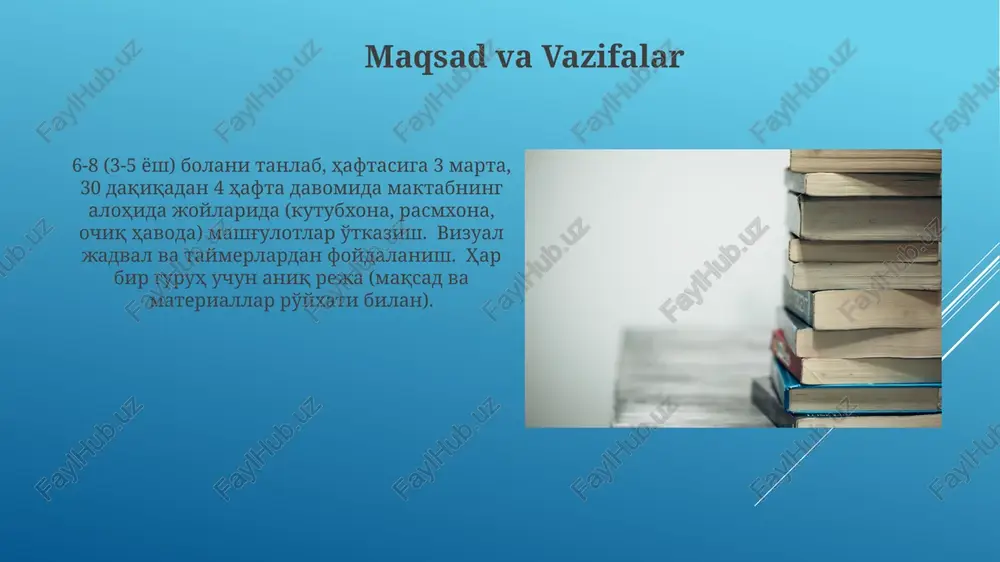 qa muddatli guruhlar (masalan, 2 haftalik loyiha)ni ehtiyotkorlik bilan rejalashtirish kerak. har bir guruhda 5 bola va 2 katta yoshli samarali kuzatishni ta'minlaydi o'z-o'zini tahlil qilish va takomillashtirish bolalar bog'chasining qisqa muddatli guruhi (3-5 bola, 2-3 katta) uchun tuzilgan kunlik reja (2 soatlik mashg'ulotlar, haftada 4 kun) har bir faoliyatdan (masalan, chizmachilik, musiqa, mahalliy bog'da o'yin) keyin mulohaza qilish vaqti (15 minut)ni o'z ichiga oladi bahor bog'chasi dasturini baholash (ota-onalar so'rovlari, o'qituvchilar fikrlari va bolalar portfellarini ko'rib chiqish orqali) kelgusidagi qisqa muddatli guruhlarni yaxshilashga yo'naltiradi ota-onalar bilan hamkorlik 3-4 yoshli 5-7 bola uchun 4-6 haftalik qisqa muddatli guruhlar (ranglar (qizil, ko'k, sariq), shakllar (doira, kvadrat, uchburchak) yoki harflar (a, b, v) mavzularida). abc bog'chasi, birinchi qadam bog'chasi kabi shahar/qishloq bog'chalarida mavzuli o'quv markazlari (kublar, kitoblar, pazzllar)dan foydalaniladi. vaqtni boshqarish va jadval tuzish muvaffaqiyatli jadval moslashuvchanlikka (kutilmagan voqealarga moslashish, masalan, bolaning yig'lashi tufayli aylana vaqti 15 minutga kechikishi) va samarali muloqotga …