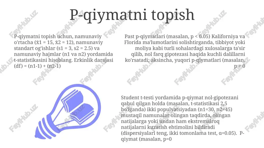 topildi; p-qiymati (p=0.03) α=0 ikki tomonlama t-testi natijasi ahamiyatsiz bo'ldi (t=1.2, p=0.24, df=30) namuna ma'lumotlaridan (o'rtacha farq=5.5, birlashtirilgan standart og'ish=4.2) hisoblangan t-statistikasi (t=2.15); df (df=46) va p-qiymati (p 0,8) sezilarli farqni ko'rsatadi studentning t-testi ta'rifi ikki mustaqil namunalar uchun ikki namunali t-test ikki bog'liq bo'lmagan guruh (masalan, davolovchi va nazorat) o'rtacha qiymatlarini taqqoslaydi. test statistikasining kattaligi guruh ichidagi o'zgaruvchanlikka nisbatan namunaviy o'rtacha qiymatlar farqini aks ettiradi. ahamiyatli t-qiymati (p .05) va kuzatish mustaqilligi (tibbiyot tadqiqotida turli sub'yektlardan yig'ilgan ma'lumotlar, takrorlanuvchi o'lchovlar emas) muhim; buzilish ikki universitetdan reaksiya vaqtlarini (ms) taqqoslash tadqiqotlarida i turdagi xato (soxta musbat) stavkasini oshiradi. p-qiymatlarni noto'g'ri talqin qilish: ahamiyatli p-qiymat (p α bo'lgani uchun nol gipotezani (h₀: sezilarli farq yo'q) rad etish mumkin emas gipoteza: h₀: μ₁=μ₂ (chikagodagi 1-guruh va bostondagi 2-guruh o'rtacha qiymatlari orasida farq yo'q); h₁: μ₁≠μ₂ (o'rtacha qiymatlar farq qiladi). kuzatilgan t-qiymat (masalan, -1,8) kritik t-qiymat bilan solishtiriladi (masalan, α=0,05, df=40 da ±2,0) …