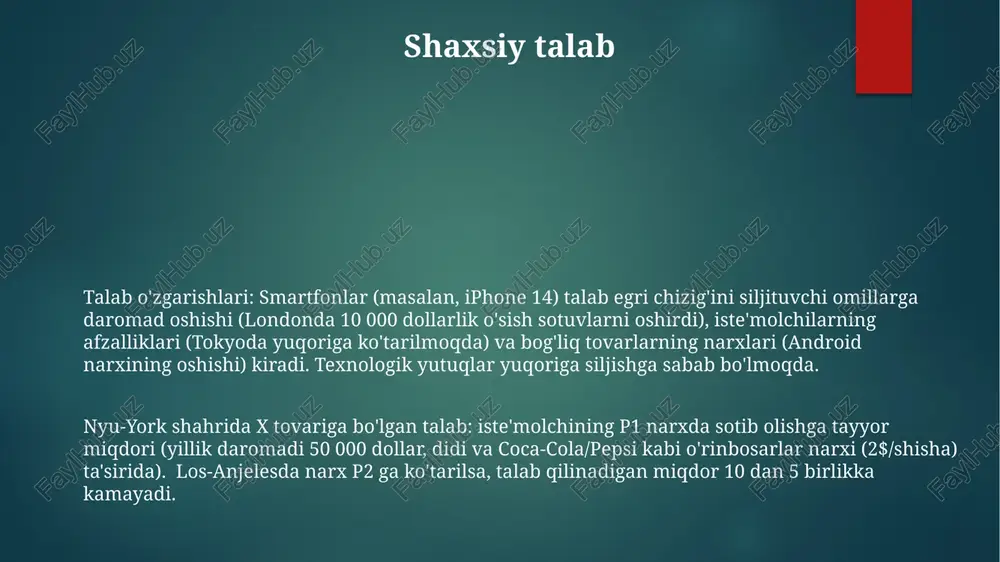 arga 7500 dollarlik soliq imtiyozi) va o'rinbosar tovarlar (masalan, vodorod yonilg'i xujayralari) umumiy bozor talabiga ta'sir qiladi vositalar talabi (masalan, detroitda 10 000 ta avtomobil ishlab chiqarish uchun 200 000 tonna po'lat) yakuniy tovarlarga (avtomobillarga) bo'lgan iste'molchilar talabiga bevosita bog'liq talab turlari: narxga nisbatan talabning elastikligi (nte) narx o'zgarishlariga javob berishni o'lchaydi (masalan, birinchi zaruriyatlar uchun 0.5, hashamatli tovarlar uchun -2,0) bozor talabi bozor talabi iste'molchilarning ma'lum bir geografik hududda (masalan, butun mamlakat bo'ylab, janubi-sharqiy aqsh kabi mintaqaviy yoki texas shtatining ostin shahri kabi mahalliy) turli narxlarda sotib olishga tayyor va qodir bo'lgan tovar yoki xizmatning umumiy miqdorini bildiradi talab tebranishlariga mavsumiylik (noyabr-fevral oylarida kanadada qishki paltolarda talabning ortishi), texnologik taraqqiyot (masalan, 2023 yilda kaliforniyada 5g li smartfonlarga talabning ortishi, 2 million dona sotilgan) va davlat siyosati (masalan, fransiyada sigaretalarga solinadigan soliqning talabga ta'siri) kabi omillar sabab bo'ladi talab turlari: individual talab (bitta iste'molchining 3 ta olma uchun talabi), bozor …