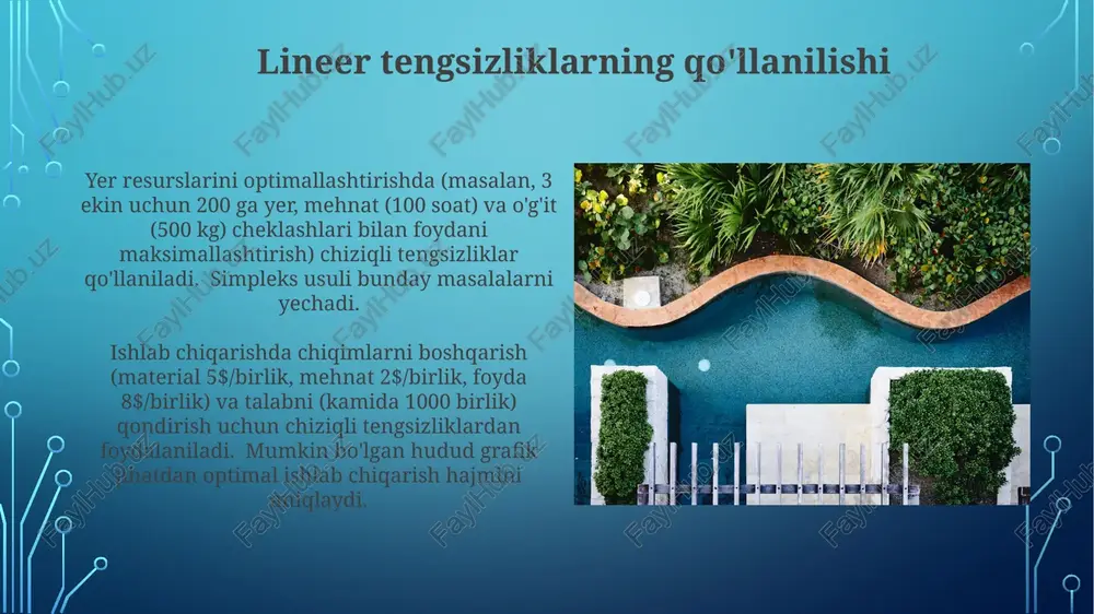 sad funksiyasi (masalan, foyda=5x+3y) baholanadigan soha, alohida chiziqli tengsizliklarni ifodalovchi yarim tekisliklarning kesishishi bilan aniqlangan mumkin bo'lgan sohani hosil qiladi optimallashtirish masalalari ko'plab mumkin bo'lgan yechimlar orasidan eng yaxshisini (maksimal yoki minimal) topishni o'z ichiga oladi, ko'pincha chiziqli tengsizliklar bilan belgilangan mumkin bo'lgan hududlar sifatida grafik ravishda tasvirlanadi ikki o'zgaruvchili chiziqli tengsizliklar ikki o'zgaruvchili chiziqli tengsizliklar dekart koordinata sistemasida (x, y) yarim tekisliklarni tasvirlashni o'z ichiga oladi (masalan, 2x + 3y ≤ 6 yoki x - y > 2); yechimlar tengsizlikni qanoatlantiradigan tekislikdagi hududlarni ifodalaydi qo'llanmalar turli sohalarni qamrab oladi chiziqli tengsizliklar grafigi chiziqli tengsizliklar , ≤, yoki ≥ belgilaridan foydalanib o'zgaruvchilar orasidagi munosabatlarni tasvirlaydi; yechimlar koordinata tekisligida hududlarni ifodalaydi (masalan, x + 2y ≤ 10; (1,2) nuqtasi yechim hisoblanadi) ikki o'zgaruvchili chiziqli tengsizliklarni (masalan, 2x + y , ≤, ≥) foydalanib taqqoslaydigan matematik bayonotlardir. masalan, 3y - 7 ≥ 14 bir o'zgaruvchili (y) lineer tengsizlikni ifodalaydi e'tiboringiz uchun rahmat …