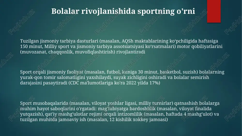 yurak-qon tomir salomatligi, suyak zichligini rivojlanishi (keyinchalik osteoporoz xavfini kamaytirish) va kognitiv funksiyaning yaxshilanishi (tadqiqotlar shuni ko'rsatadiki, faol bolalarda o'qish natijalari yuqori) uchun juda muhim yetarlic jismoniy faollik bolalarda sog'lom vaznni nazorat qilishga, 2-toifa diabet, gipertenziya va boshqa surunkali kasalliklar xavfini kamaytirishga sezilarli hissa qo'shadi bolalar semizligi (jahon bo'ylab ortib bormoqda, aqsh, buyuk britaniyadagi kass ma'lumotlari xavotirli statistikani ko'rsatmoqda) jismoniy faoliyatga ko'proq e'tibor qaratishni talab qiladi. tuzuqlashtirilgan mashg'ulotlar (masalan, suzish darslari, yevropa, osiyodagi mahalliy sport markazlaridagi gimnastika mashg'ulotlari) kuch, muvofiqlashtirish va motor qobiliyatlarini rivojlantiradi yoshga mos tadbirlarni loyihalash jismoniy tarbiyaning foydalari harakat mahorati va muvofiqlashuvning rivojlanishi (yaxshilangan muvozanat, chaqqonlik va muvofiqlashuv kundalik vazifalar uchun muhim – tadqiqotlar 6 oylik jismoniy tarbiya dasturidan keyin bu ko'nikmalarda 20-30% yaxshilanishni ko'rsatadi) jismoniy tarbiya: biliş faoliyatining yaxshilanishi (o'qishdagi muvaffaqiyat 15% ga oshishi), kayfiyatning yaxshilanishi, tashvish va depressiya kamayishi (10-20%), uyqu sifatining yaxshilanishi. jismoniy tarbiya bolalarning yurak-qon tomir salomatligini yaxshilaydi (ko'pgina tadqiqotlarga ko'ra, kattalikda yurak …