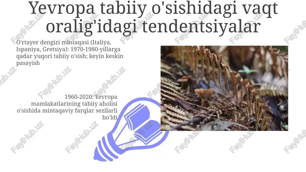 (norvegiya, shvetsiya, finlyandiya)da past ko'rsatkichlar, sharqiy yevropaning ba'zi mamlakatlarida (masalan, ruminiya, polsha) esa yuqori ko'rsatkichlar qayd etildi (1950-2000) siyosat ta'sir va aralashuvlari janubiy yevropada (masalan, ispaniya, italiya) shimoliy va g'arbiy yevropaga (masalan, germaniya, buyuk britaniya) nisbatan tabiiy aholining o'sish sur'ati yuqori bo'lib, mintaqaviy farqlar saqlanib qolmoqda skandinaviya mamlakatlaridagi (shvetsiya, daniya, norvegiya) oilani qo'llab-quvvatlash siyosati (masalan, bolalar bog'chasi subsidiyalari, ota-onalar ta'tili) tug'ilish darajasiga ijobiy ta'sir ko'rsatdi. aksincha, g'arbiy yevropaning ba'zi mamlakatlaridagi (masalan, fransiya, niderlandiya) cheklovchi immigratsiya siyosati aholining o'sish potentsialini chekladi tabiiy o'sish va uning tarkibiy qismlari tabiiy o'sish (tug'ilishlar o'limlardan yuqori bo'lganda) mintaqalar (masalan, janubiy yevropada yuqori, g'arbiy yevropada past) va vaqt o'tishi bilan (masalan, ikkinchi jahon urushidan keyingi chaqaloqlar avlodi, keyingi pasayish) farq qiladi mintaqaviy farqlar: shimoliy yevropa 01 02 shimoliy yevropada tabiiy aholining o'sishi bo'yicha mintaqaviy farqlar sezilarli; skandinaviya mamlakatlari (norvegiya, shvetsiya, daniya) umuman olganda boltiqbo'yi davlatlariga (latviya, litva, estoniya) nisbatan past ko'rsatkichlarni namoyish etadi, buning sababi 2021-2023 …
