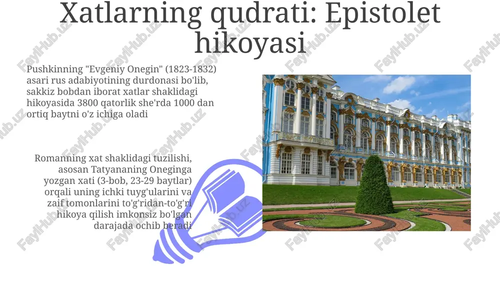 arakatlar, tatyana va lenskiyning halokatli duel bilan misol keltiriladi (8-bob, n. yaqinida). romanning 8 bobdan va keng lirik chekinishlardan iborat syujet tuzilmasi oneginning ichki ziddiyatlarini ta'kidlaydi; uning intellektual faoliyati yetarlicha qoniqish bermaydi; tatyana, lenskiy va boshqalar bilan bo'lgan munosabatlari uning hissiy befarqligi va muhabbatga noto'g'ri munosabatini ko'rsatadi (moskva, sankt-peterburg). rivoiy tuzilma va sheʼriy uslub pushkinning "onegin" poemasidagi sheʼriy uslubi, asosan, iambik tetrametr boʻlib, uning (aabbb) qofiya va oʻlchov mahoratini namoyon etadi hikoya ichidagi chetga chiqishlar, muallifning tez-tez izoh berishi (masalan, bob bo'ylab davom etadigan chetga chiqishlar, lenskiyning tarixi), rus jamiyati va manzaralarining batafsil tasvirlari (masalan, to'ylar, n e'tiboringiz uchun rahmat @taqdimot_robot image4.jpg image5.jpg image6.jpg image7.jpg image8.jpg image9.jpg image10.jpg image11.jpg image12.jpg image1.jpeg image2.jpeg image3.jpeg