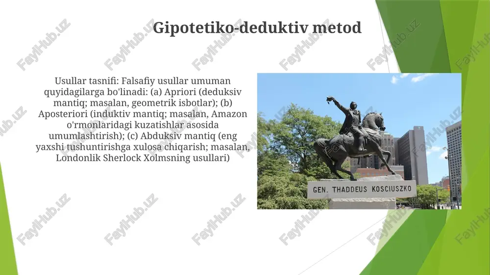ogiyaga chuqur ta'sir ko'rsatadi idealist usullarni tasniflash ularning epistemologik qarashlarini o'rganishni talab qiladi. transandantal idealizm (kantning "sof aqldan tanqid"i, 1781, konigsberg) subyektiv idealizm (berkliyning moddasizlik nazariyasi, 18-asr irlandiya) va mutlaq idealizm (hegelning "ruh fenomenologiyasi", 19-asr germaniya)dan keskin farq qiladi induktiv mantiq mantiqiy xulosa umumiy falsafiy usullar deduktiv mantiqni epistemologiyada (bilim da'volarini asoslash, dekart ratsionalizmi), metafizikada (xudoning mavjudligini chiqarish, ontologik argument), va etikada (kant deontologiyasining kategorik imperativi) qo'llaydi falsitsifikatsionizm falsitsifikatsionizm, popperning hal qiluvchi tajriba konsepsiyasi (1934), verifikatsionizmni shubha ostiga qo'yadi; deduktiv mantiq, empirik ma'lumotlar tomonidan rad etilgan gipotezalar (masalan, nyuton fizikasi qora tuynuklar yaqinidagi relyativistik effektlar bilan rad etilgan). induktiv (bekon, mill usullari), deduktiv (aristotel sillogizmlari), abduktiv (eng yaxshi tushuntirishga xulosa, charlz sanders pirs), gipotetiko-deduktiv (popper), bayes (dalillarga asoslangan ehtimolliklarni yangilash). tanqidiy ratsionalizm karl popper tomonidan ilgari surilgan kritik ratsionalizm taxmin va rad etishni ta'kidlaydi. uning asosiy metodologiyasi jasur taxminlar (gipotezalar)ni shakllantirish, qat'iy empirik sinovlar (eksperimentlar, kuzatishlar)ni loyihalash va ularni rad …
