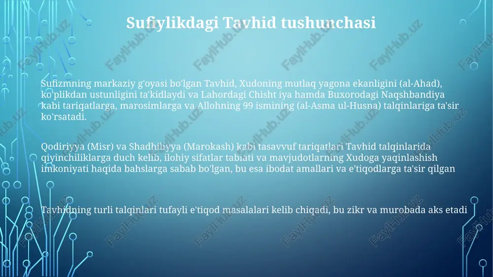 , marosimlarga turlicha yondashuvlar (masalan, 12-asr andalusiyasi va 19-asr hindistoni) va vahdat al-vujudning mohiyati hamda oqibatlari haqidagi bahslar. har xil tariqatlar turli tasavvuf yo'llarini va boshlanish marosimlarini belgilaydi. vujud vahdatining muammosi mevleviylik (rumi, qonya, 13-asr) kabi tasavvuf tariqatlari vahdat al-vujud ta'sirini qabul qilib, amaliyot, marosimlar (masalan, sama', aylanuvchi darvishlik) va islom matnlarini talqin qilishda o'zgarishlar yaratdi vujudning vahdati (ibn arabining 12-asr andalusiya falsafasi) mavjudotning yagona ekanligini ilgari suradi, yaratuvchi (alloh) va yaratilganlar o'rtasidagi an'anaviy islom farqlariga qarshi chiqadi. turli tariqatlardagi (masalan, naqshbandiy, chishtiy) talqinlar 13-14-asrlarda, ayniqsa, fors va anadolu'da ilohiy munozaralarga sabab bo'ldi vahdat al-vujudning teolojik oqibatlari ko'plab ilmiy munosabatlarni (masalan, ibn taymiyyaning tanqidlari, 14-asr, damashq) keltirib chiqardi. turli sufi maktablari (masalan, qodiriyya, shimoliy afrikadagi shodoliyya) turlicha talqinlar va darajadagi rioya qilishlarni taklif qilishdi sufiy yo'li va ma'naviy rivojlanish bosqichlari payg'ambar muhammadning (s.a.v.) sunnati, ilohiy muhabbat (mahabbah) va marifatning muhimligi asosiy e'tiqodlardir. ba'zi tasavvuf tajribalari yoki amaliyotlarining talqinlari, xususan, ahvolning …