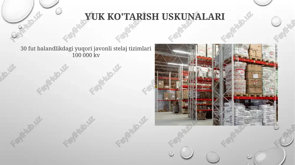 lan buyurtma bajarish tezligini 15% ga oshirdi. inventarni boshqarish tizimlari shenzhen shahridagi 50 000 turdagi mahsulot saqlanadigan omborda sun'iy intellekt yordamida talabni 90% aniqlikda bashorat qilish va ombor boshqaruv tizimlari (wms)dan foydalaniladi. iot sensorlari orqali harorat, namlik va joylashuv ma'lumotlarini real vaqtda kuzatish dorilar uchun qo'llaniladi inventarni boshqarish tizimlari (ibt) omborlarni optimallashtiradi (masalan, 100,000 kv. futlik binoda as/rs), shtrix-kodlar, rfid va wms dasturlarini qo'llab, 50,000+ mahsulot turi (sku)ni 3 shtatdagi taqsimot markazlarida real vaqtda zaxira darajasi, joylashuvi va harakatini kuzatib boradi mehnatni boshqarish va optimallashtirish logistika omborlarida ishchi kuchini boshqarish va optimallashtirish, kentucky va nevada shtatlaridagi amazonning yirik omborlarida bo'lgani kabi, terim samaradorligini 15-25% ga oshirish va birlikka to'g'ri keladigan mehnat xarajatlarini 10-15% ga kamaytirish uchun wms (omborxona boshqaruv tizimlari) dan foydalanadi xavfsizlik va xavfsizlik tartiblari 15,000+ sku ni o'z ichiga olgan omborlarni boshqarish tizimi (wms) yordamida 30,000 kv.ft. maydonda inventarizatsiya boshqariladi. buyurtmalarni bajarish fifo (birinchi kirgan, birinchi chiqqan) tizimi …